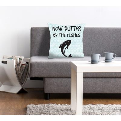 Dekokissen QUEENCE "NOW BUTTER BY THE FISHES", blau (blau, schwarz, bedruckt), B:40cm L:40cm, Polyester, Dekokissen_Sitzkissen_Kissenhüllen, Kissenhülle ohne Füllung, 1 Stück Image