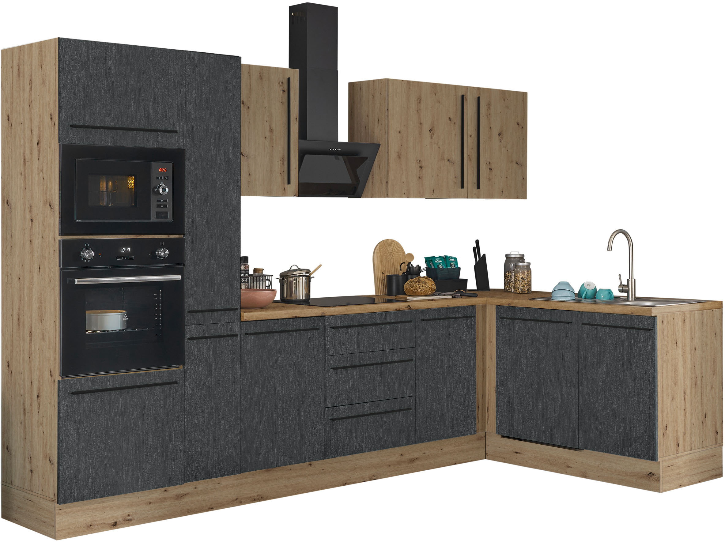 Winkelküche KOCHSTATION "Florida, Stellbreite 310x175 cm", schwarz (küche: schwarz, front: artisan eiche, schwarz matt, korpus: artisan eiche, arbeitsplatte: artisan eiche), B:310cm H:211cm T:60cm, Komplettküchen-Sets, wahlweise mit E-Geräten, mit...