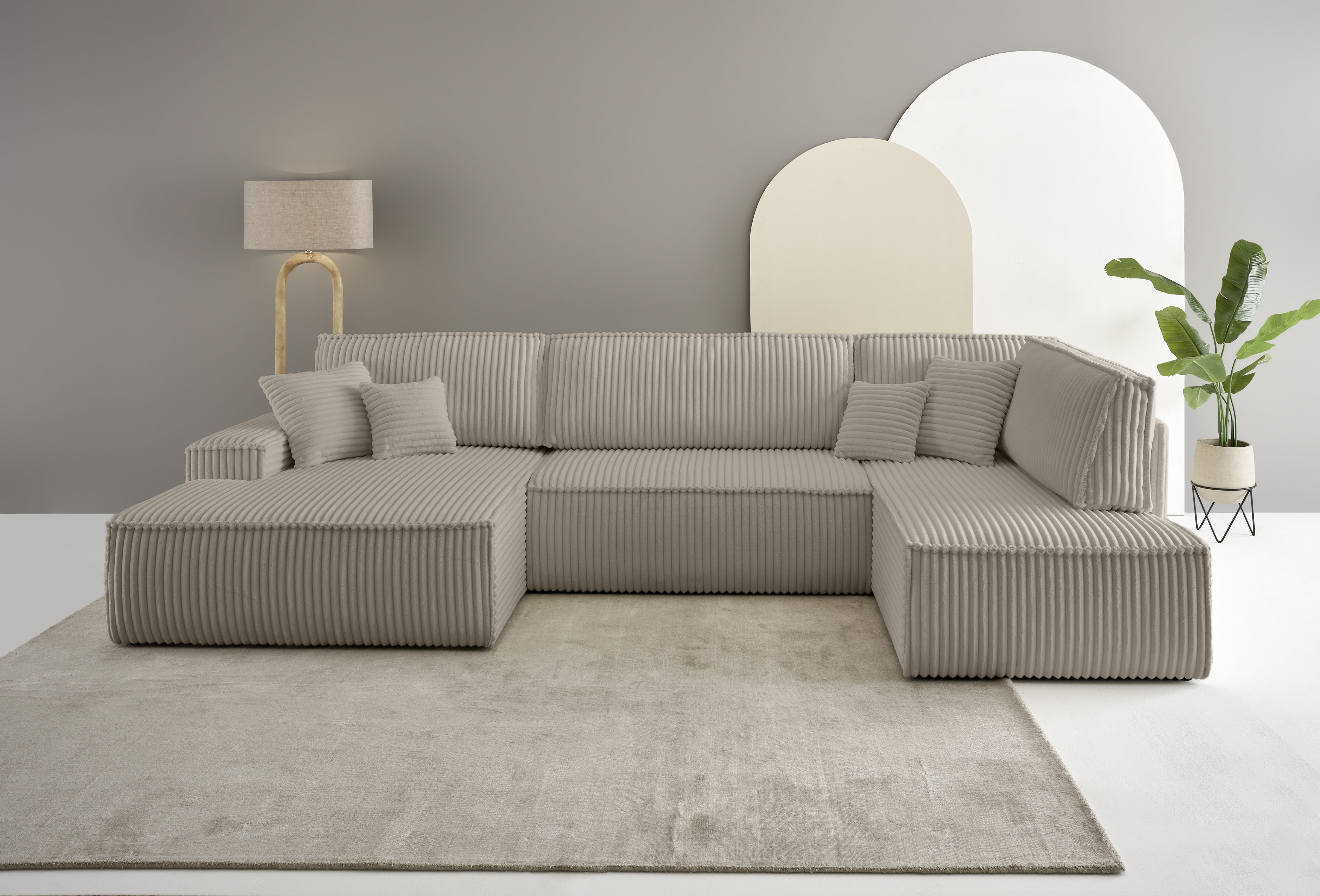 Wohnlandschaft OTTO HOME "FINNLEY, U-Form XXL 329 cm, Schlafsofa, Schlaffunktion m. Bettkasten", grau (taupe), B:329cm H:85cm T:195cm, Bezugstoff 100% PES ;Gramatur 400g/qm +/- 5%, Sofas, Wohnlandschaft, verfügbar in den Stoffqualitäten Bouclé,...