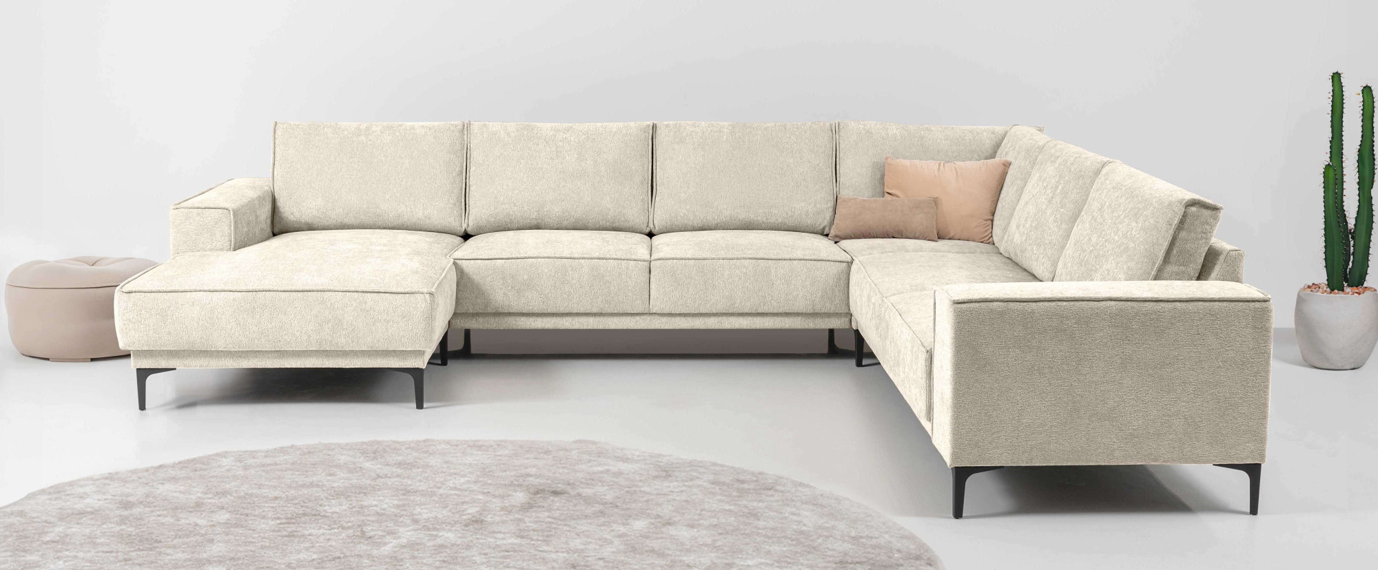 Wohnlandschaft OTTO HOME "XXL Sofa Oland, Struktur, Flachgewebe, Luxus-Microfaser, Boucle", beige, B:342cm H:85cm T:260cm, 100% Polyester, Sofas, Wohnlandschaft, U-Form, 342 cm, Wellenunterfederung, Skandi-Design, Metallfüße