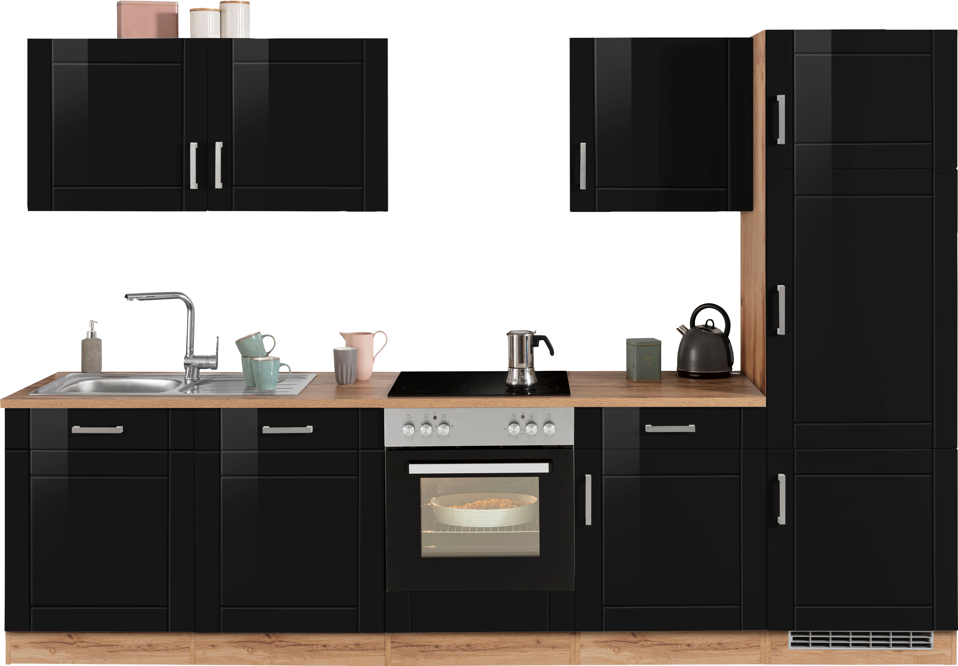 Küchenzeile KOCHSTATION "KS-Tinnum", schwarz (küche: schwarz, korpus: wotaneichefarben, arbeitsplatte: wotaneichefarben), B:300cm T:60cm, Komplettküchen-Sets, Küchenzeile, ohne E-Geräte, Breite 300 cm Image