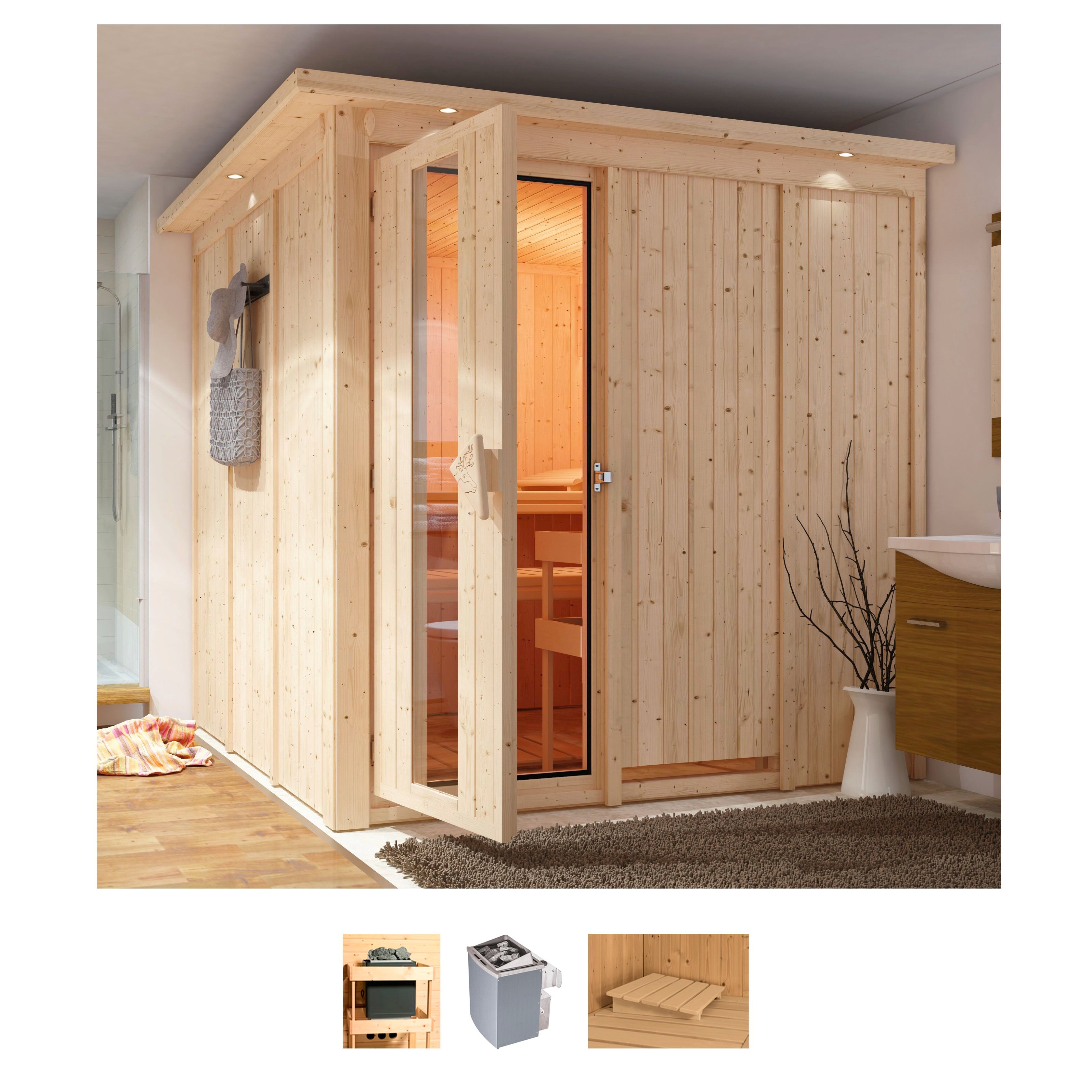 Sauna KARIBU "Rodin", beige (naturbelassen), Saunaofen, integrierte Steuerung, 9 kW, Saunen, 9-kW-Ofen mit integrierter Steuerung Image