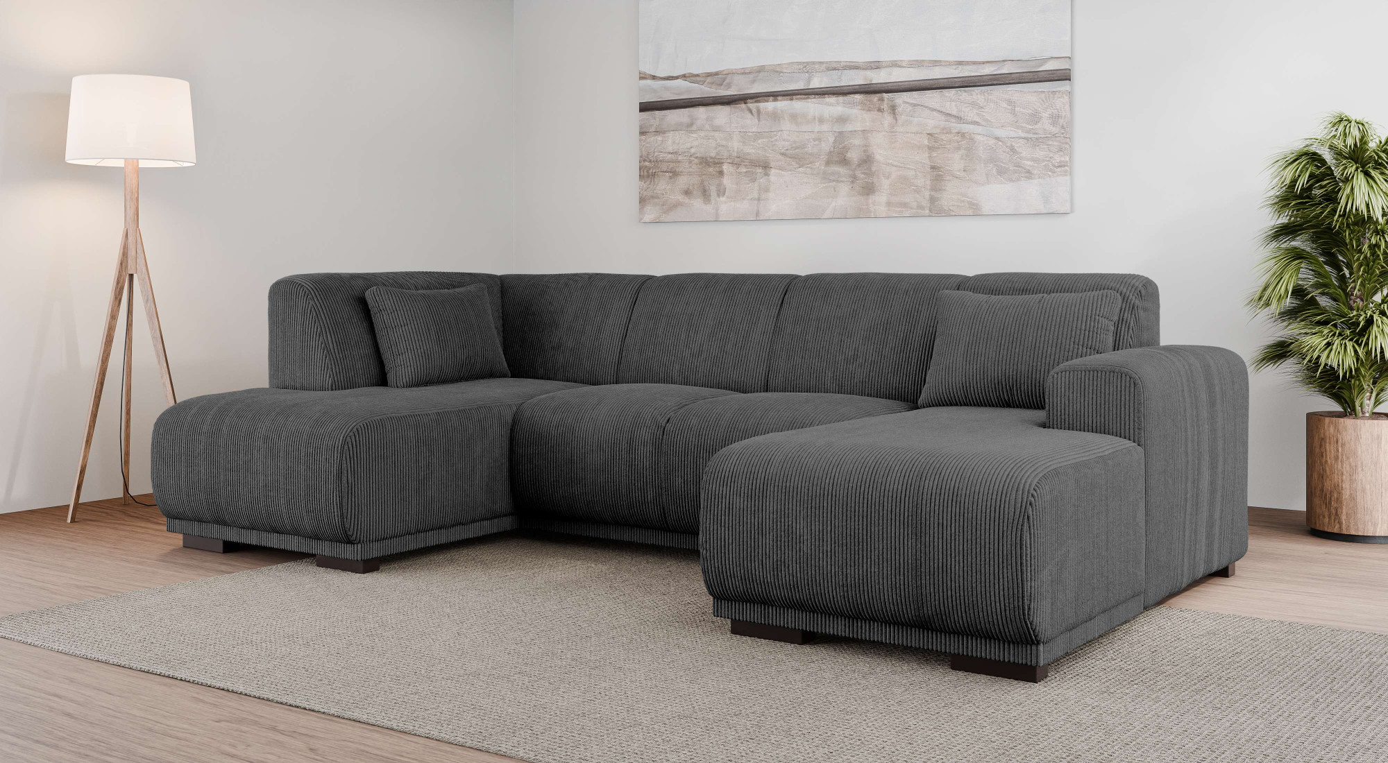 Wohnlandschaft HOME AFFAIRE "BORNHOLM U-Form mit Recamiere rechts/links, B/T/H: 300/162/85 cm", grau (anthrazit), B:300cm H:85cm T:162cm, 100% Polyester, Sofas, Wohnlandschaft, U-Form mit Wellenunterfederung, Recamiere rechts oder links bestellbar