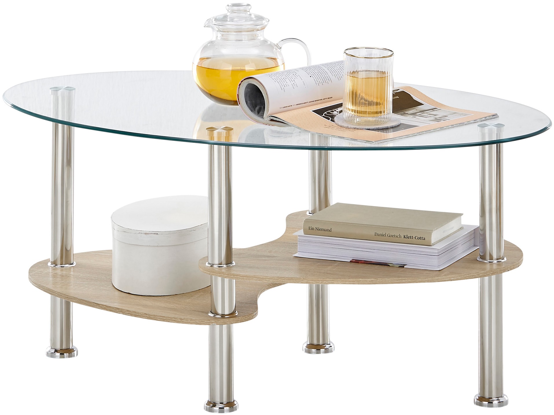 Couchtisch STOLKOM "Panty Glastisch, Wohnzimmertisch, Beistelltisch Glas BxHxT 90x42x55 cm", sonoma, artisan dekor, edelstahl, glas, H:42cm T:55cm, Tische, Sicherheitsglas 8mm, Ablage in MDF Eiche Artisan und Eiche Sonoma