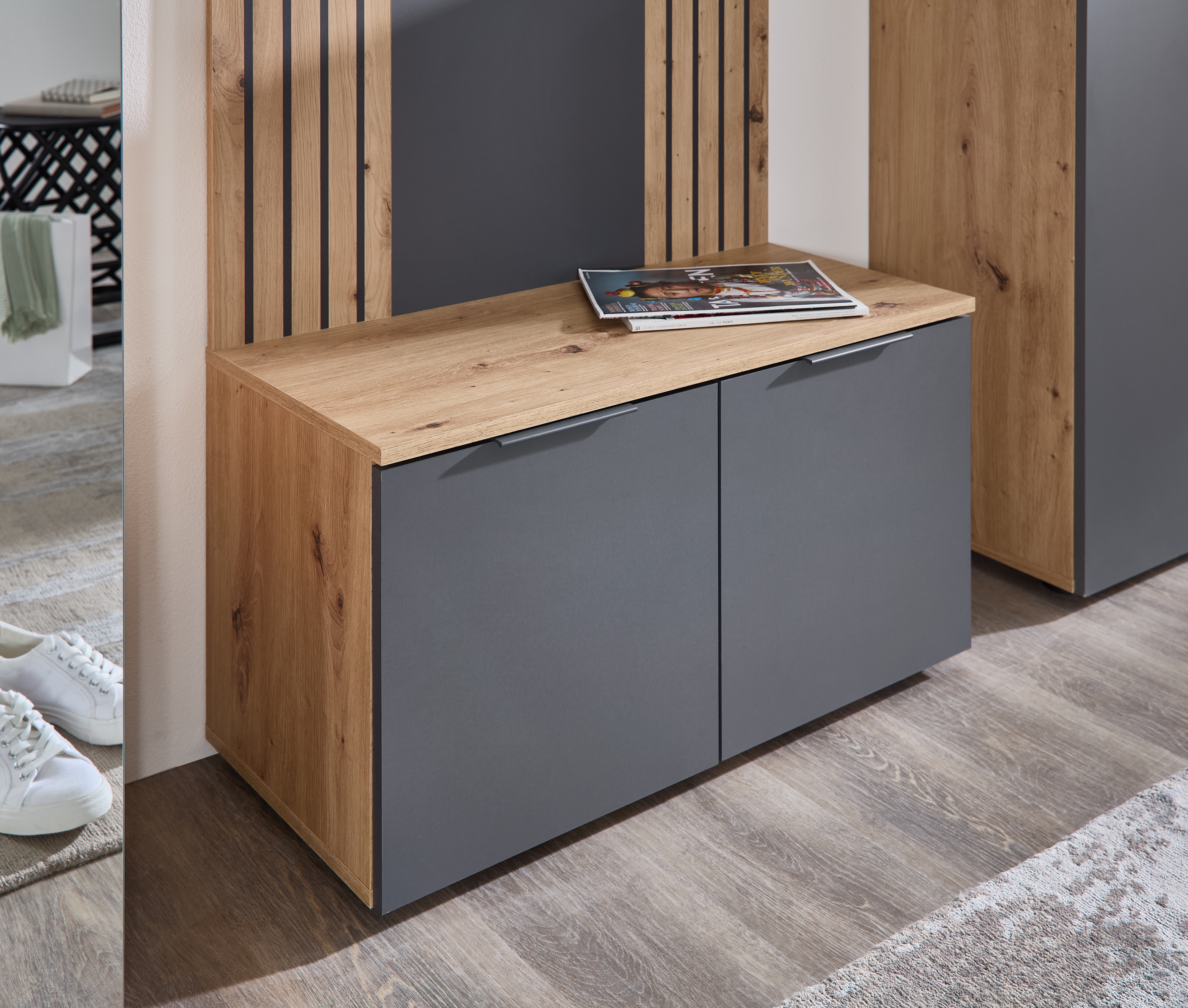 Schuhbank HBZ "Lagos, Garderobenbank BxHxT 80x44x38 cm", grau (artisan eiche, grau, artisan eiche), B:80cm H:44cm T:38cm, Holzwerkstoff, Sitzbänke, Mit 2 Türen und 2 Einlegeböden