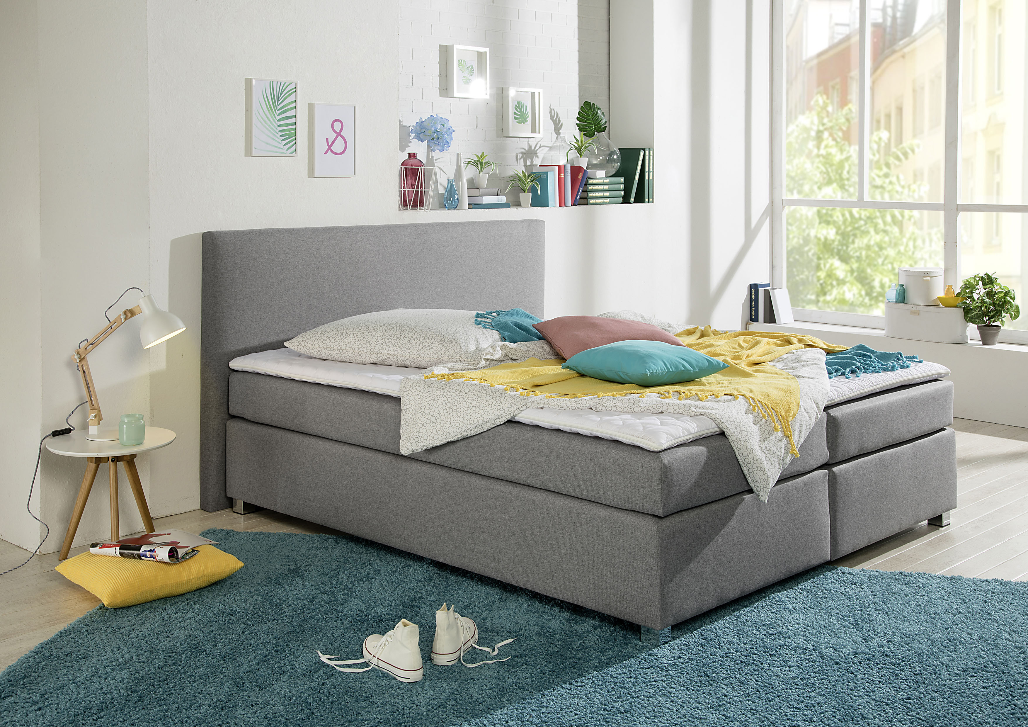 Boxspringbett INOSIGN "Eliana", grau, B:207cm L:230cm, Komplettbetten, Boxspringbett, inkl. Topper, in 4 Breiten, 3 Matratzenarten und 2 Härtegraden