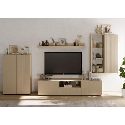 Wohnwand INOSIGN "Rio, 4tlg. Breite 300 cm, modernes, elegantes Wohnzimmer-Set", cashmere, front mit geriffelter struktur, B:300cm H:200cm T:42cm, Holzwerkstoff, Kastenmöbel-Sets, (Lowboard, Highboard, Hängevitrine, Wandboard), MDF-Fronten geriffelt Image