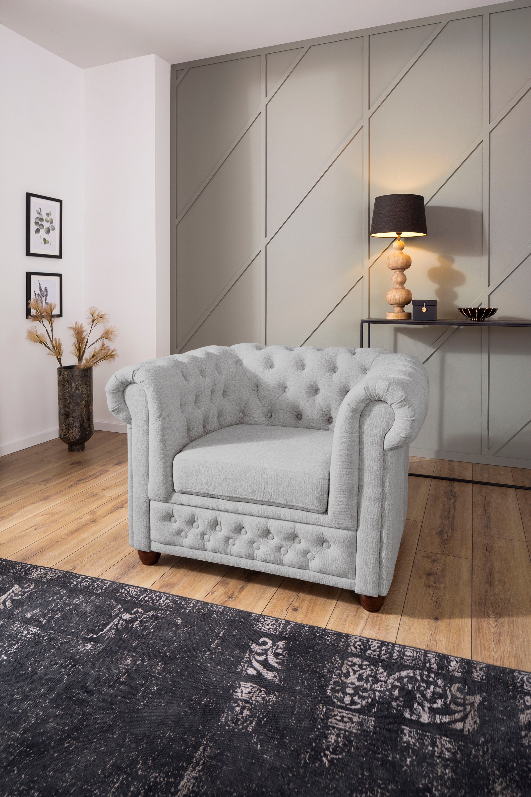 Chesterfield-Sessel HOME AFFAIRE "New Castle Sessel", silber, B:104cm H:72cm T:86cm, Sessel, hochwertige Knopfheftung, B/T/H: 104/86/72 cm