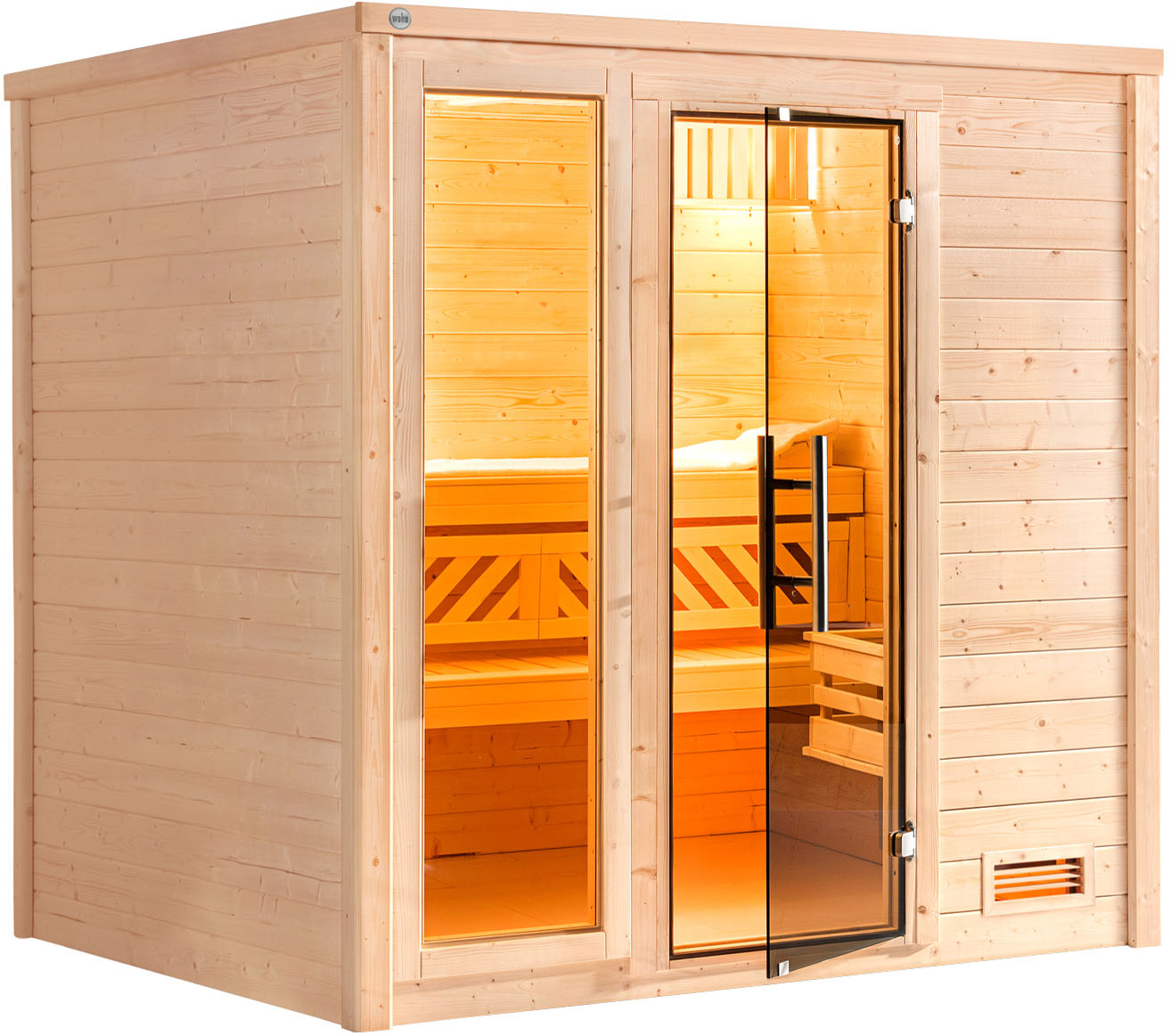 Sauna WEKA "Massivholzsauna BERGEN 2", beige (natur), ohne Ofen, ohne Steuerung, (ohne Ofen), Saunen, Blockbohlen, Fensterelement, moderne Ganzglastür