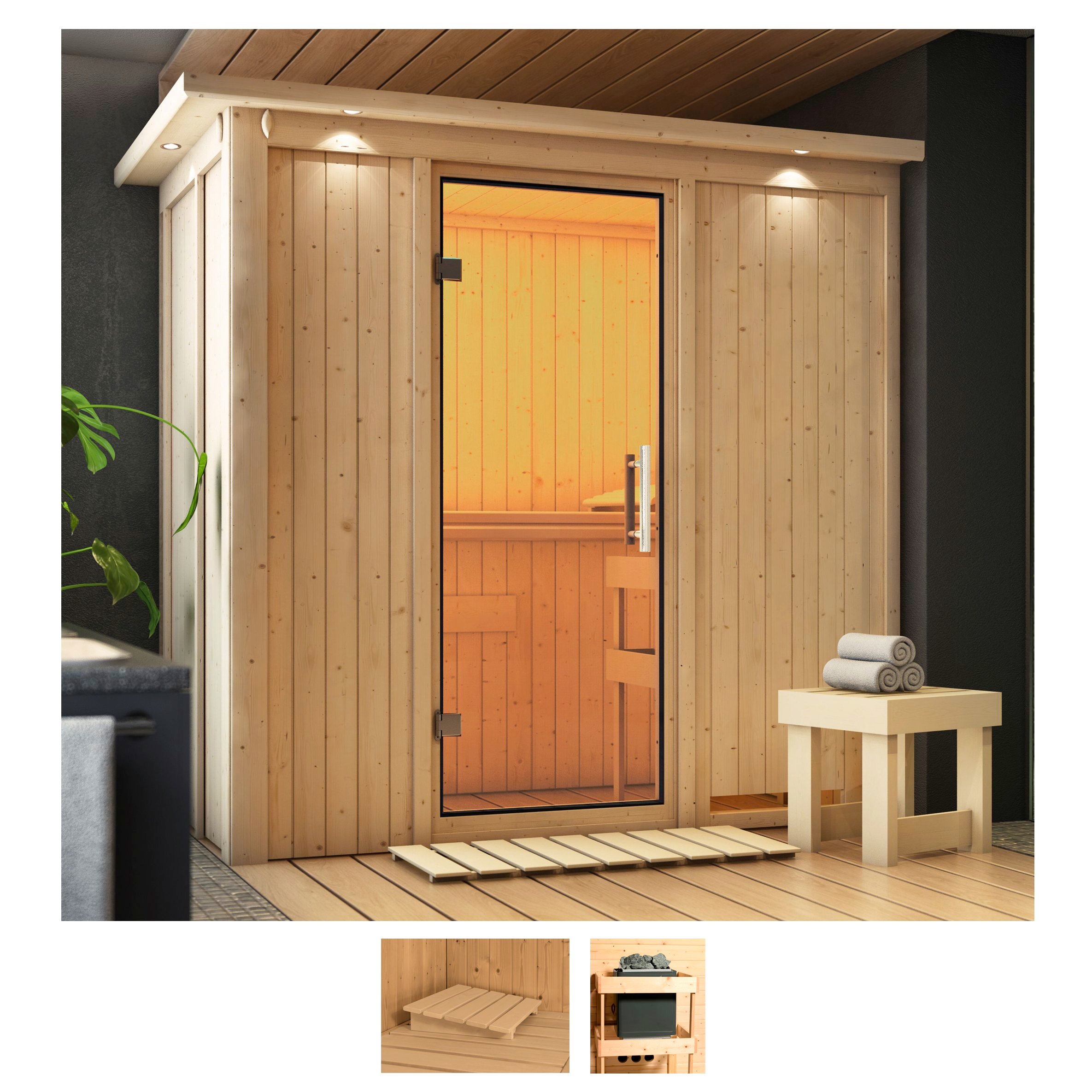 Sauna KARIBU "Vada", beige (naturbelassen), ohne Ofen, (ohne Ofen), Saunen, ohne Ofen