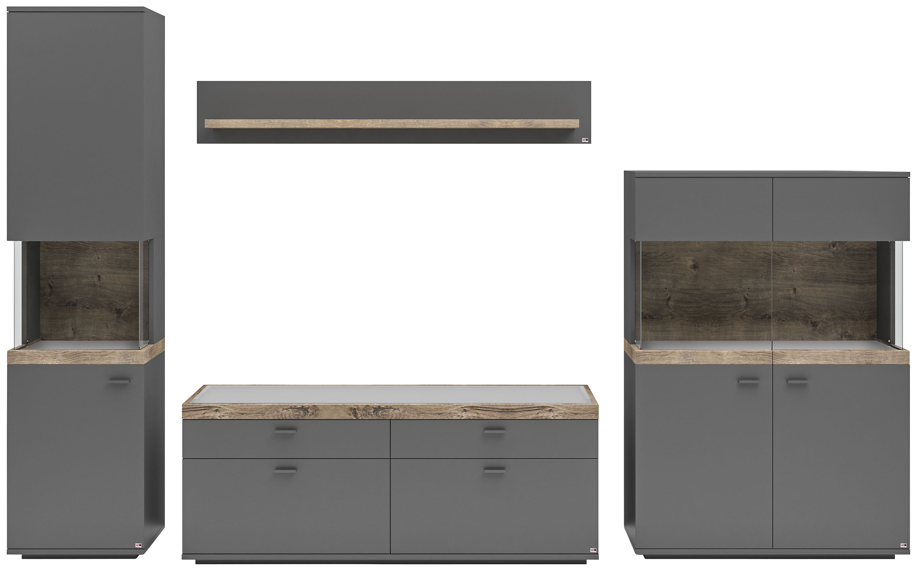 Wohnwand "Lancaster", grau (grau mit eiche ribbeck cognac), B:320,3cm H:206,2cm T:43,6cm, SET ONE BY MUSTERRING, Kastenmöbel-Sets, 4-teilig mit Fronten in weiß oder grau, Breite ca.320cm