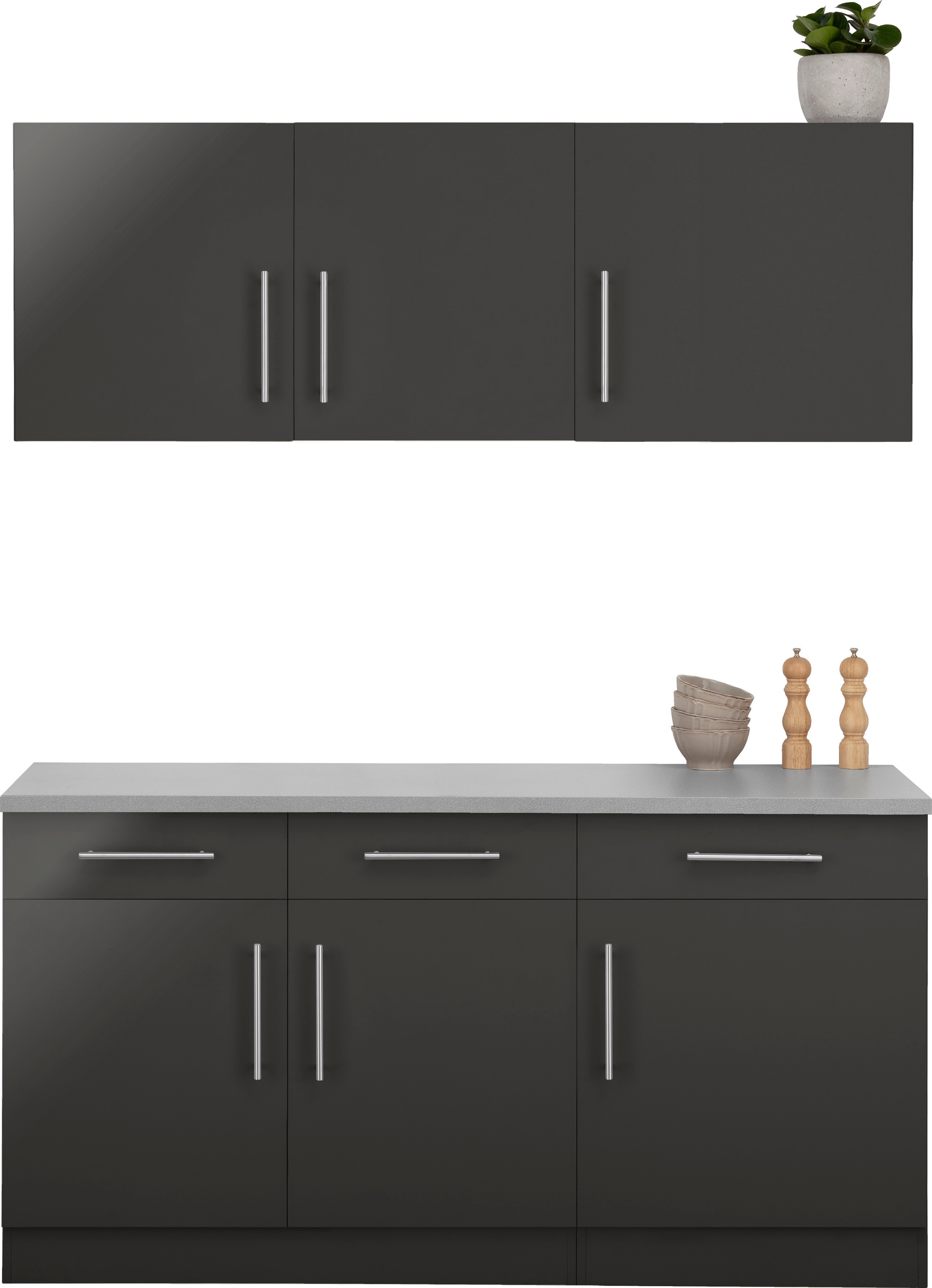 Pantryküche WIHO KÜCHEN ""Cali"", grau (küche: grau, front: anthrazit glanz, korpus: anthrazit matt, arbeitsplatte: canvas grau), B:160cm T:60cm, Komplettküchen-Sets, Küchenzeile, ohne E-Geräte, Breite 160 cm