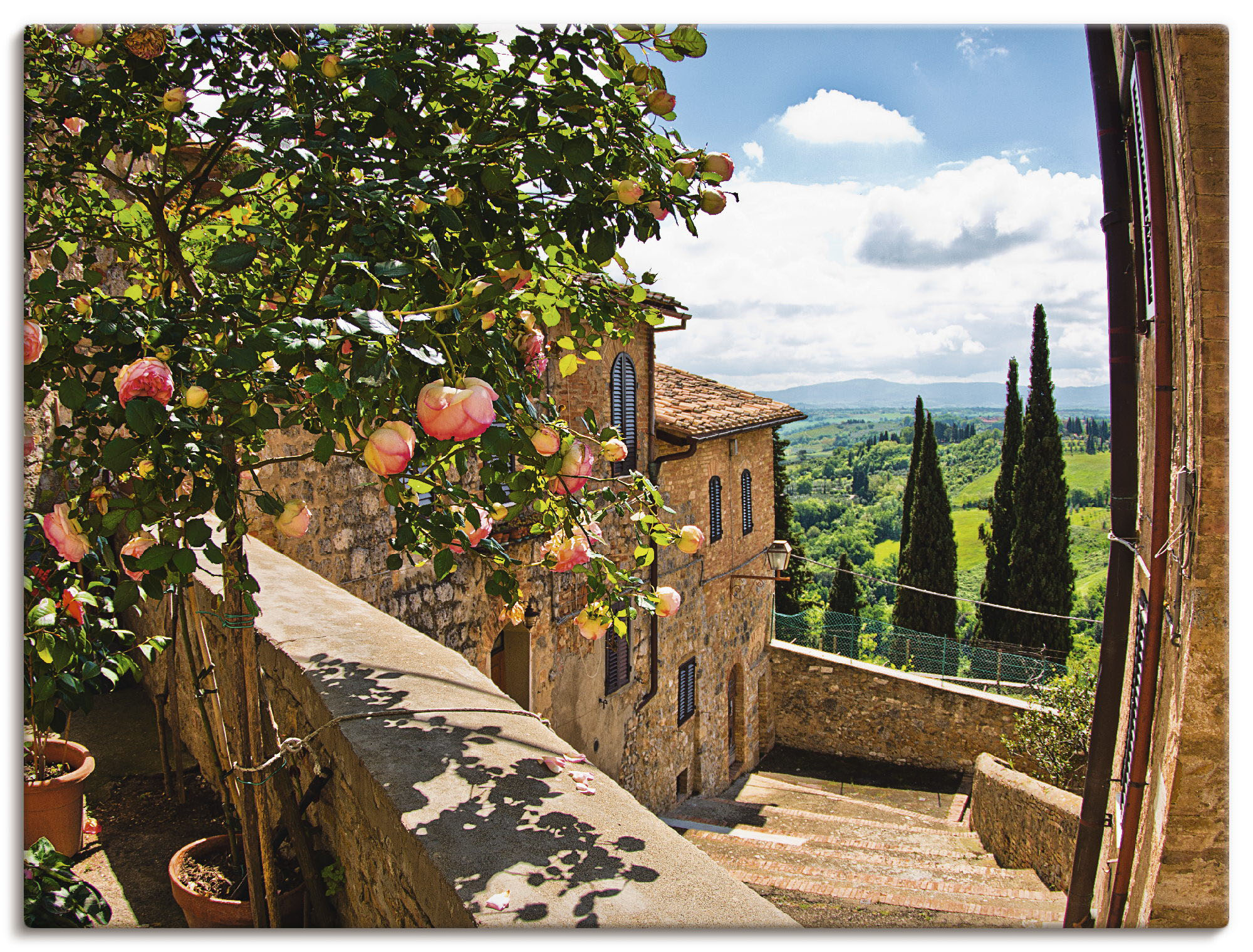 Wandbild ARTLAND "Rosen auf Balkon Toskanalandschaft", grün (farbe bild(er): grün), B:40cm H:30cm, Bilder, als Leinwandbild, Poster in verschied. Größen