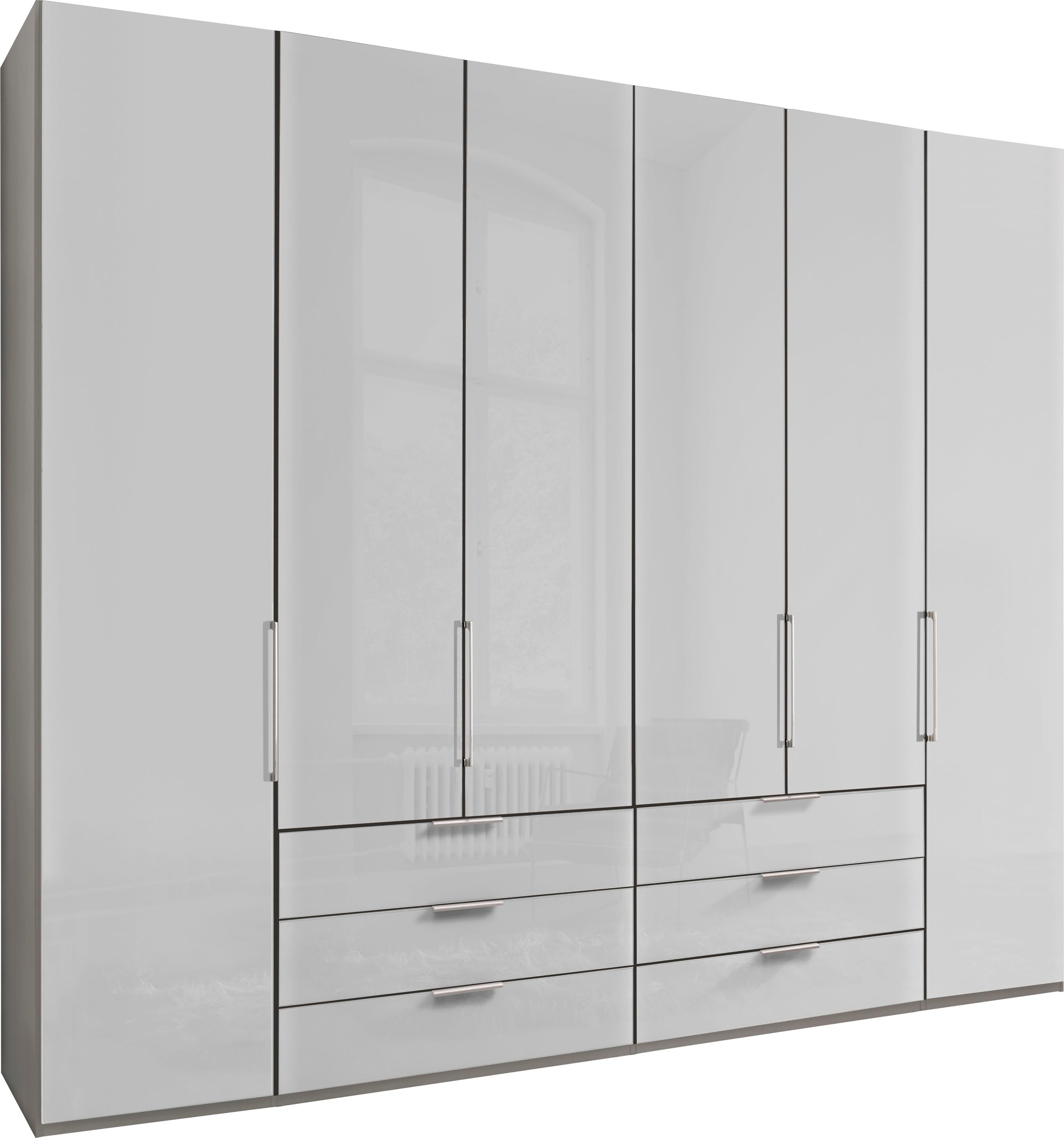 Falttürenschrank WIEMANN "Monaco, Kleiderschrank, Schrank, Wäscheschrank, mit edler Glasfront", grau (kieselgrau, dekor, glas weiß), B:246,9cm H:216cm T:58cm, Floatglas, Holzwerkstoff, Schränke, Kleiderschrank Drehtürenschrank, inkl. gepämpften...