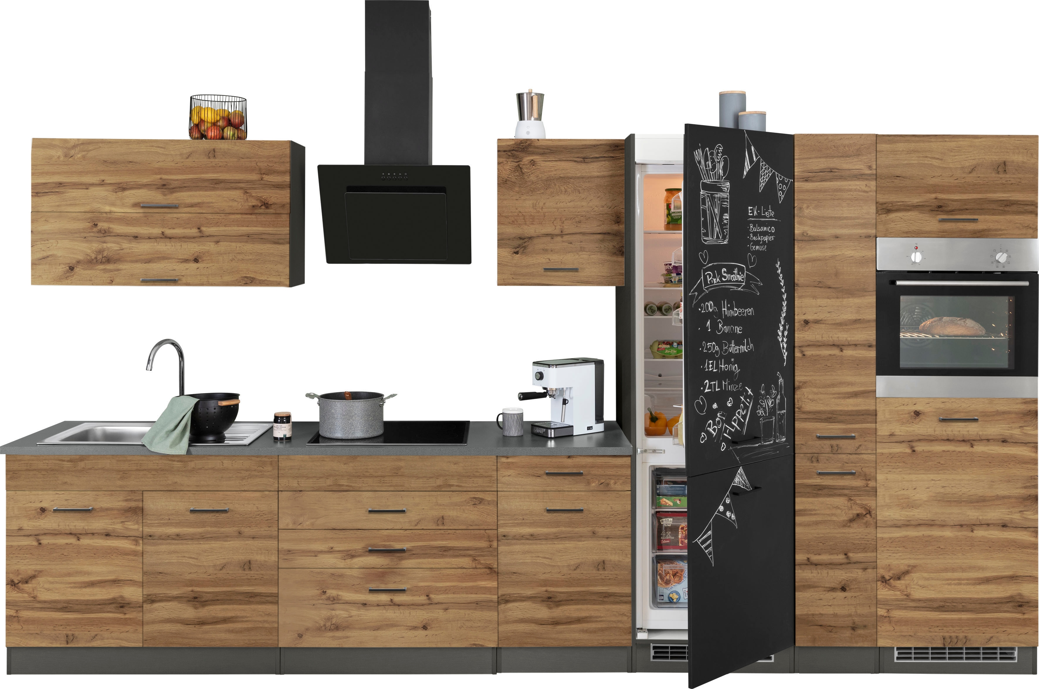 Küchenzeile KOCHSTATION "KS-Trier", grau (küche: grau, korpus: grafit, arbeitsplatte: anthrazit), B:380cm T:60cm, Komplettküchen-Sets, Küchenzeile, ohne E-Geräte, Breite 380 cm Image