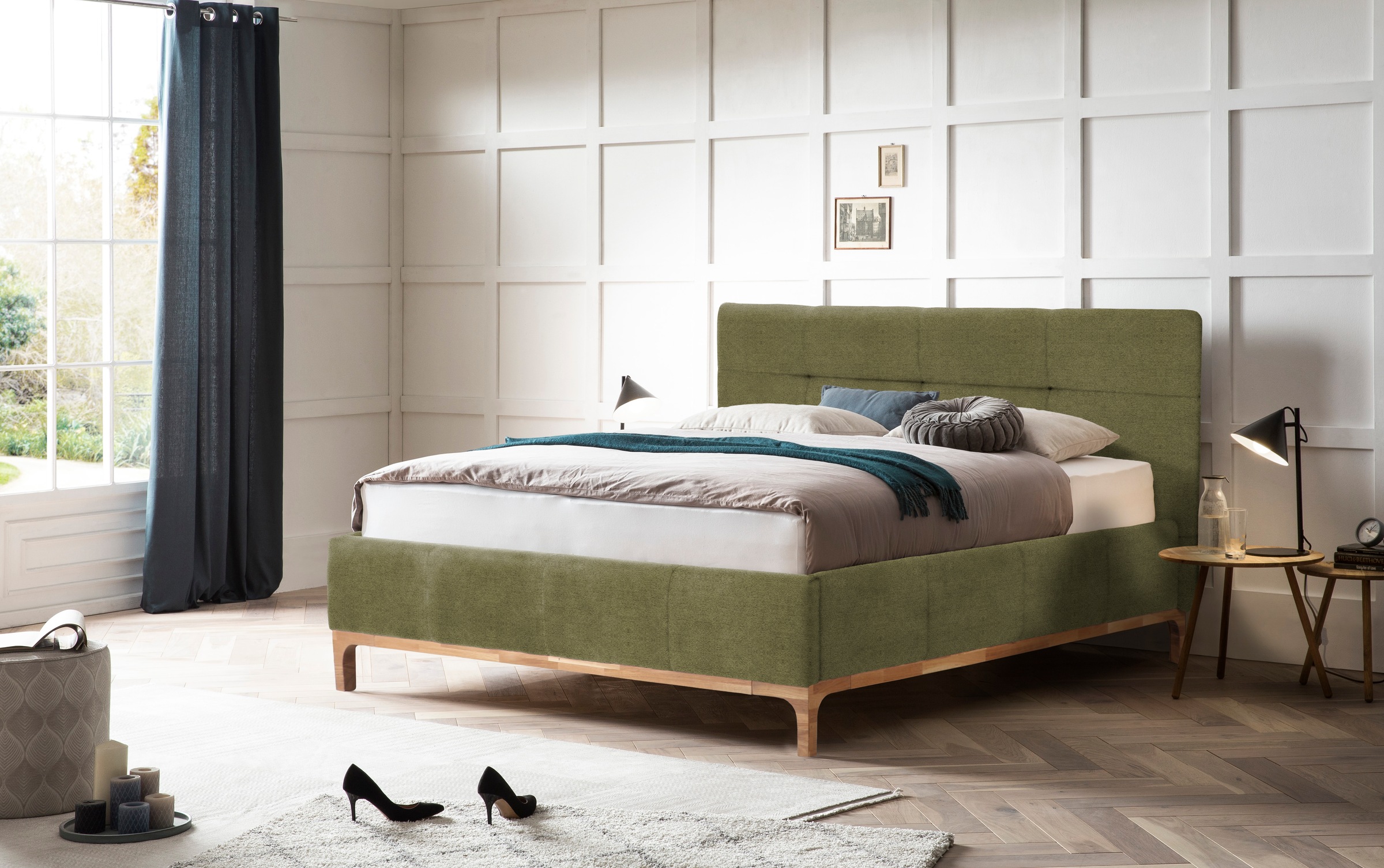 Polsterbett HOME AFFAIRE "Noan", grün (olive), B:178cm H:118cm L:218cm, Betten, Polsterbett, Bettkasten, Lattenrahmen mit Gasdruckfedern, auch mit 7-Zonen-Matratze