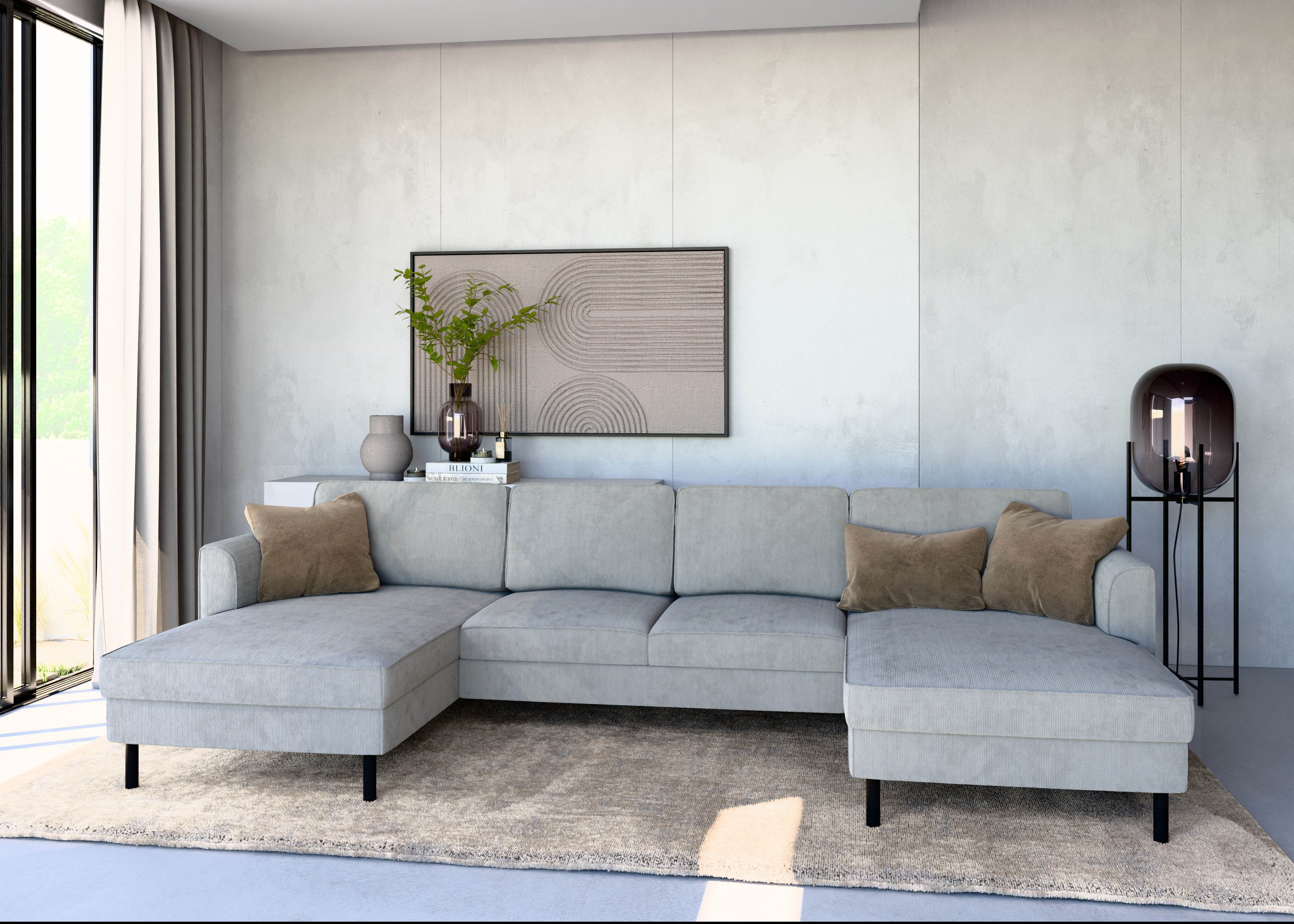 Wohnlandschaft HOME AFFAIRE "Booster II, whlw. mit Schlaffunktion & Bettkasten, Fuß schwarz", grau (opal grau), B:305cm H:83cm T:161cm, 88% Polyester, 12% Nylon, Sofas, Sofa in U-Form, Breite 305 cm