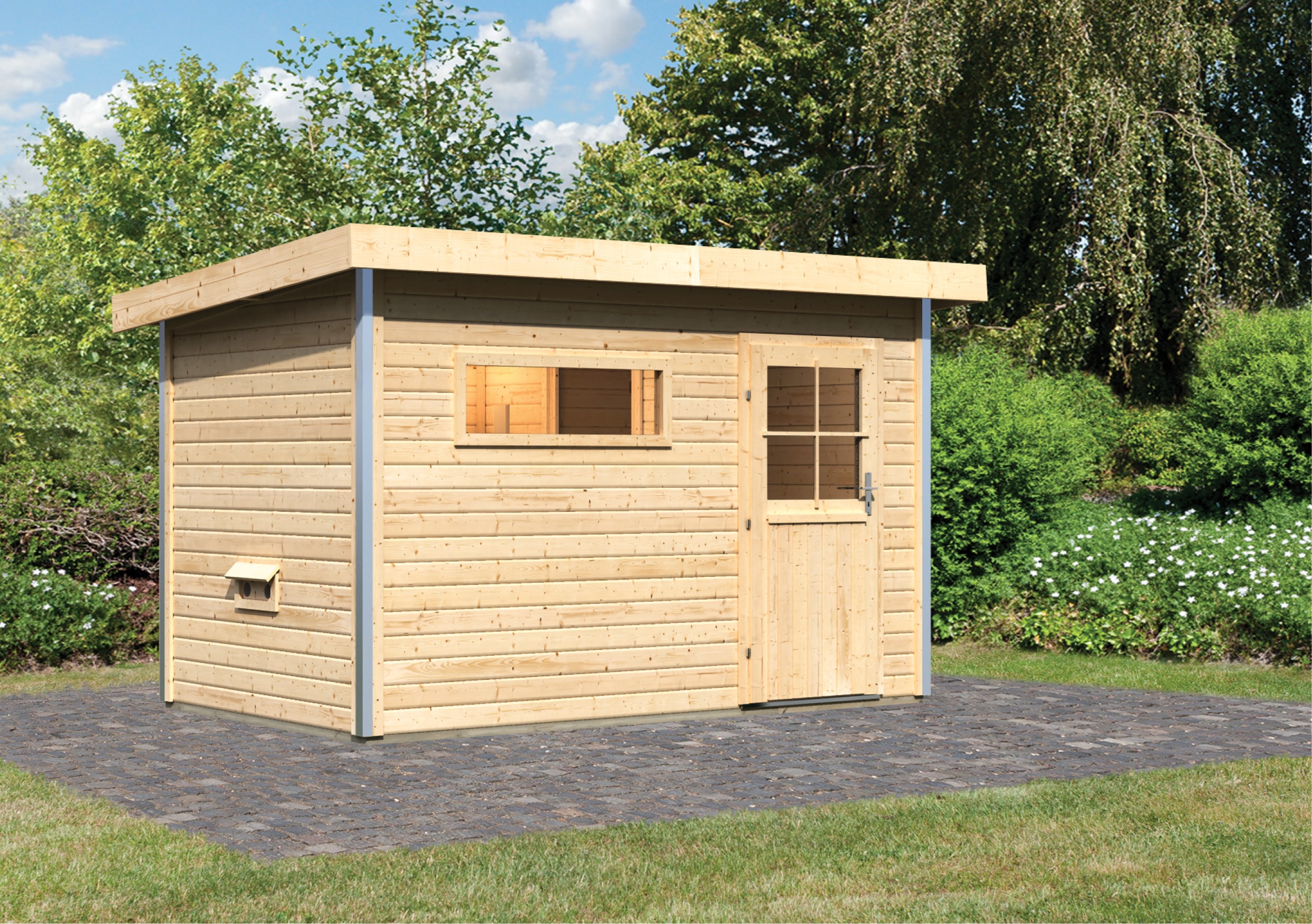 Saunahaus KARIBU "»Simon 1« mit klassischer Tür, naturbelassen", beige (naturbelassen), ohne Ofen, ohne Steuerung, (ohne Ofen), Saunen