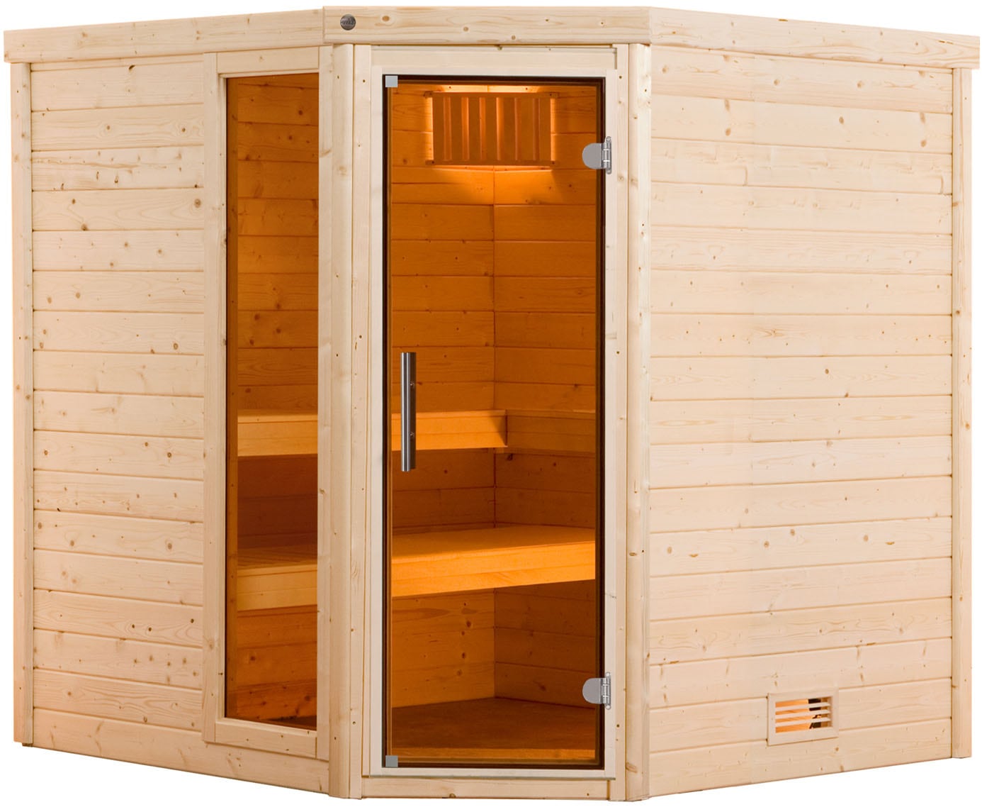 Sauna WEKA "Massivholzsauna TURKU 2", beige (natur), Saunaofen, integrierte Steuerung, 9 kW, Saunen, Blockbohlen, Fensterelement, moderne Ganzglastür Image