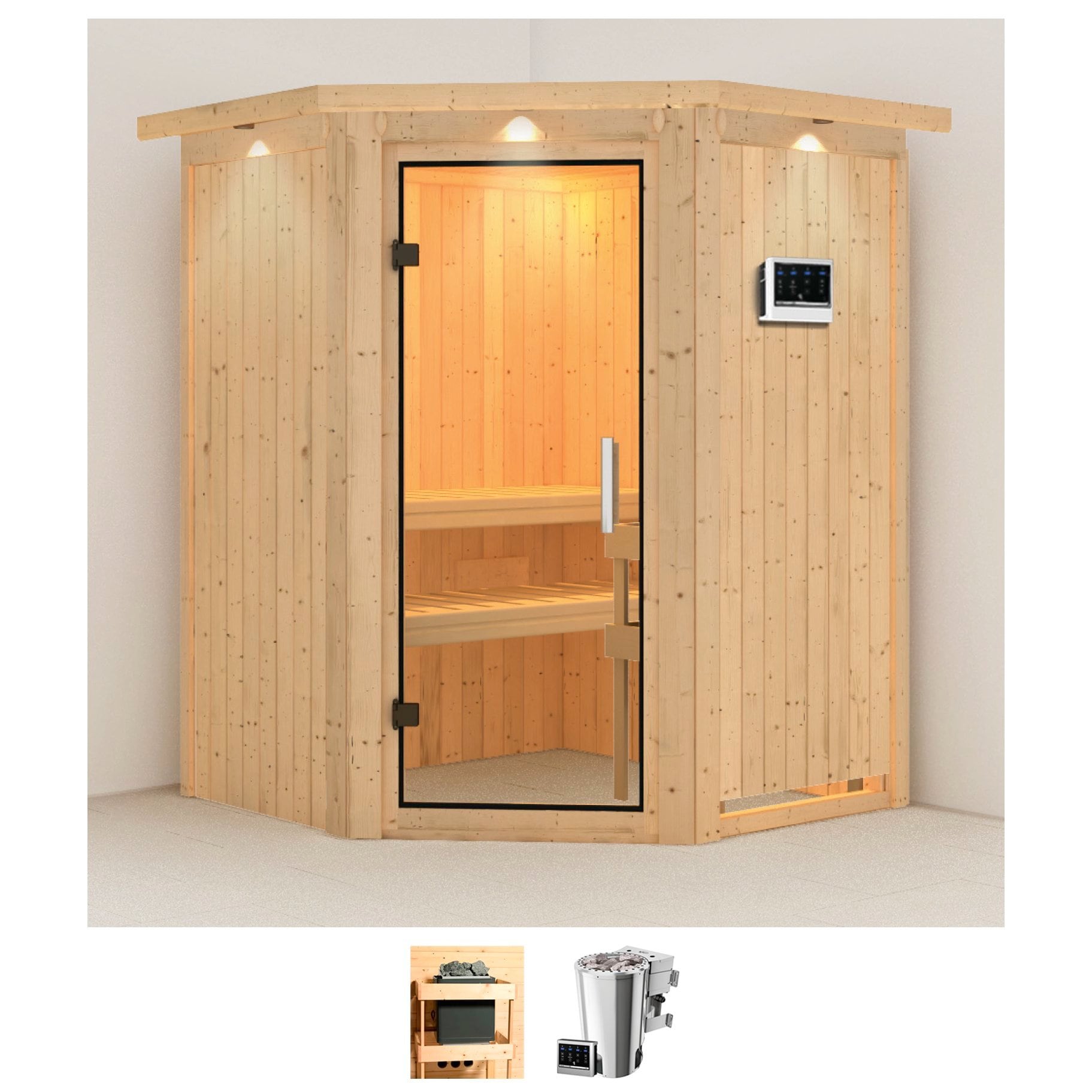 Sauna KARIBU "Nanna", beige (naturbelassen), Bio-Kombiofen, externe Steuerung, 3,6 kW, Saunen, Ofen 3,6 kW Bio-Ofen externe Strg. easy