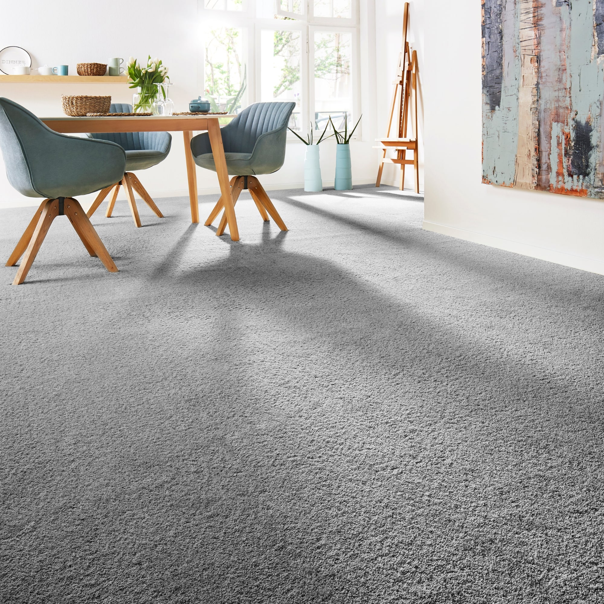 Teppichboden ANDIAMO "Softness, Velours, Made in Belgium", silber (silberfarben), B:400cm H:17mm L:1.400cm, Kunstfaser, Teppiche, Uni Farben, Breite 400 cm, besonders weich, Wohnzimmer, Schlafzimmer Image