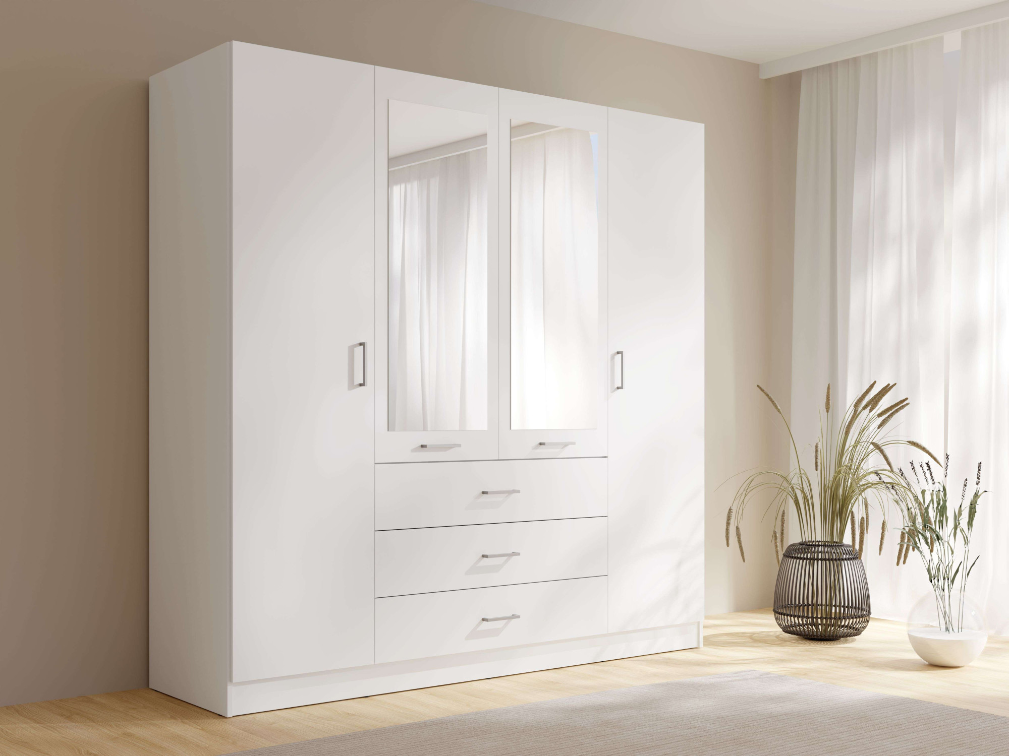 Kleiderschrank HOME AFFAIRE "KOS Garderobe mit 3 Schubladen, Kleiderstange, 8 Einlegeböden, Spiegel", weiß, B:200cm H:200,5cm T:58cm, Melamin, Schränke, Kleiderschrank, Wäscheschrank mit 4 Drehtüren, silber Griffen, Maße B/H/T 200/200/58cm