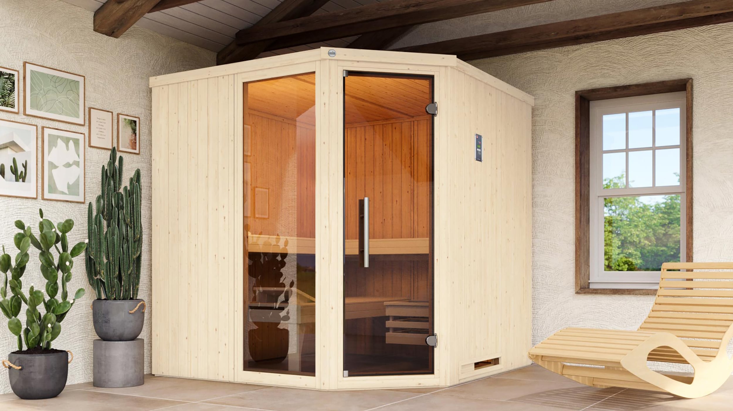Sauna WEKA "Element-Ecksauna VARBERG 3", weiß, Saunaofen, integrierte Steuerung, 9 kW, Saunen, vorgefertigte Elemente, moderne Ganzglastür, bodenl. Fensterelement