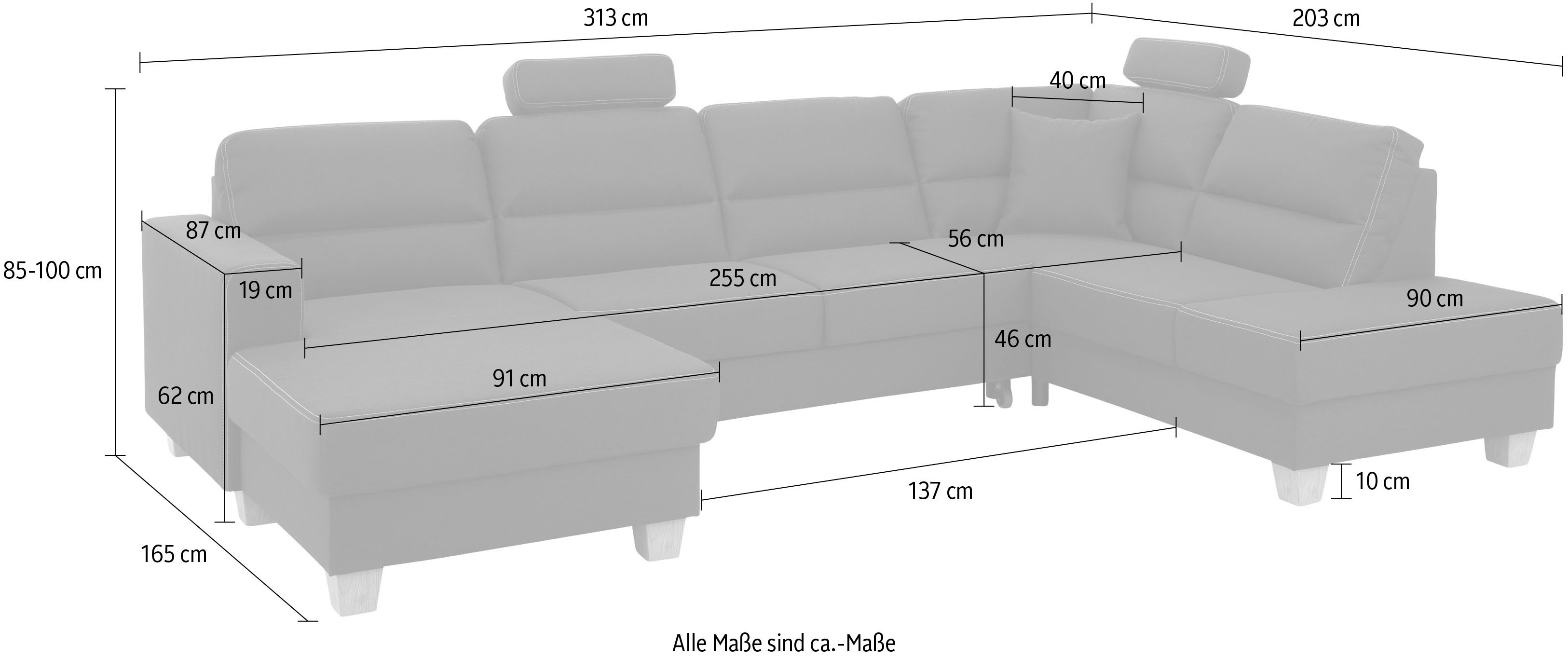 Wohnlandschaft HOME AFFAIRE "Navan, komfortabel mit viel Platz, U-Form", braun (zimt), B:313cm H:85cm, Sofas, Wohnlandschaft, wahlweise mit Bettfunktion und Kopfstütze