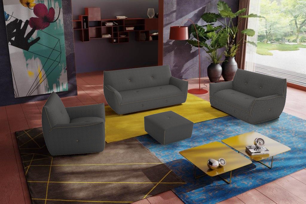 Polstergarnitur EGOITALIANO "Yuki", schwarz (cervia, grau,), H:85cm T:90cm, Sitzmöbel-Sets, Set, bestehend aus einem 2,5- und einem 2-Sitzer, Sessel und Hocker