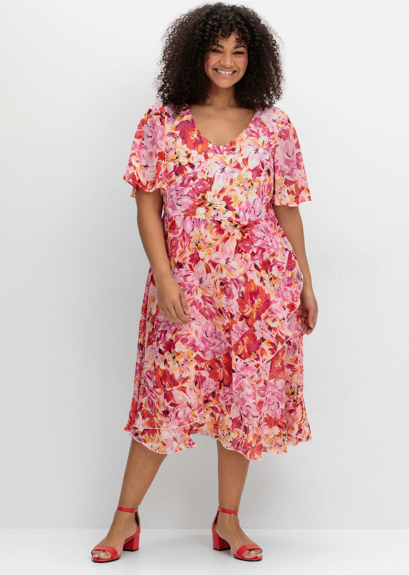 Chiffonkleid SHEEGO BY JOE BROWNS "Chiffonkleid", Damen, Gr. 40, Normalgrößen, rosa (sorbet pink, gemustert), 100% Polyester, geblümt, gemustert, wadenlang, V-Ausschnitt, Kleider Chiffonkleid