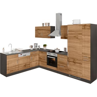 Winkelküche KOCHSTATION "KS-Stockholm", front: wotaneichefarben, korpus: grafit, arbeitsplatte: anthrazit, B:310cm T:220cm, Komplettküchen-Sets, L-Küche, Stellbreite 220/310 cm, mit hochwertigen MDF Fronten im Landhaus-Stil Image