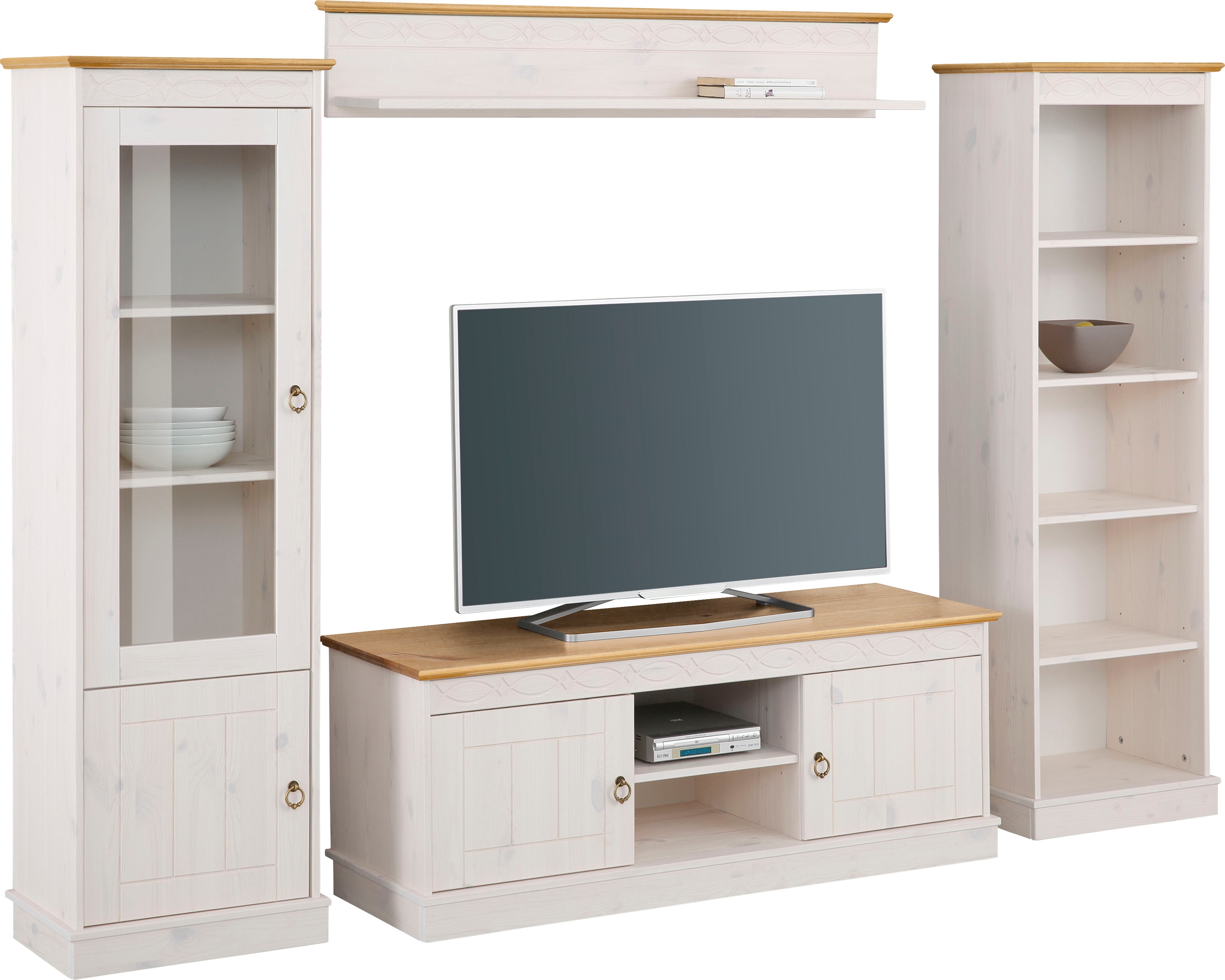 Wohnwand HOME AFFAIRE "Indra", gelb (weiß, honig), B:212cm H:145cm T:32cm, Massivholz, Kastenmöbel-Sets, 4-teiliges Set: Vitrine, Lowboard, Wand- & Standregal, Kiefer massiv