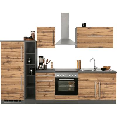 Küchenzeile KOCHSTATION "KS-Samos", braun (front: wotaneichefarben, korpus: grafitgrau, arbeitsplatte: anthrazit), B:300cm H:200cm T:60cm, Komplettküchen-Sets, Küchenzeile, Breite 300 cm, wahlweise mit E-Geräten, mit Arbeitsplatte Image