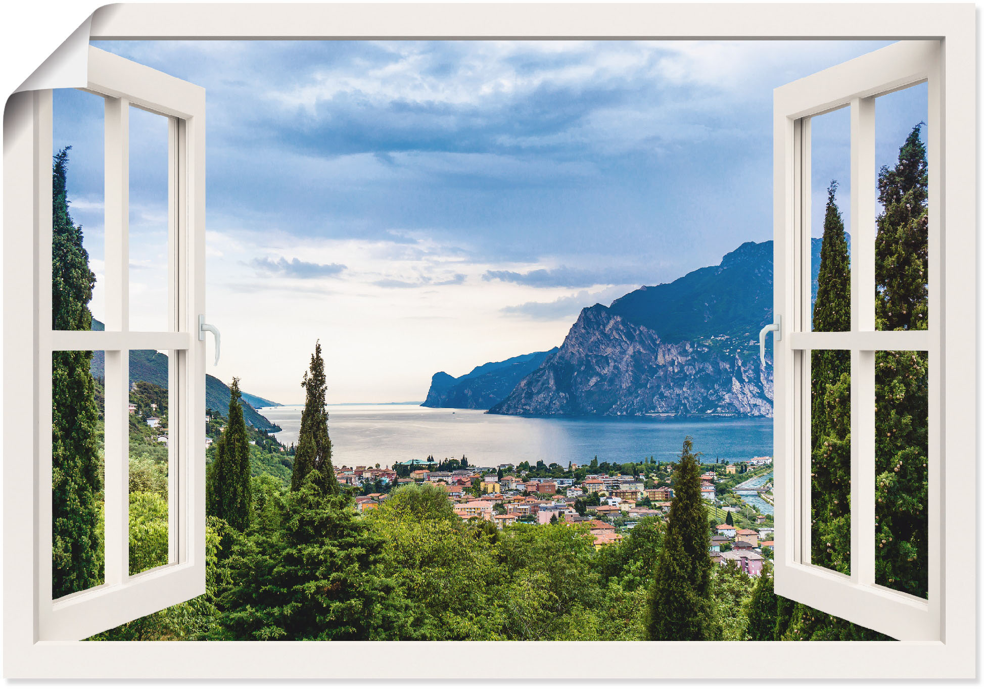 Wandbild ARTLAND "Gardasee durchs weiße Fenster", grün (farbe bild(er): grün), B:70cm H:50cm, Bilder, als Alubild, Outdoorbild, Leinwandbild, Poster, Wandaufkleber Image