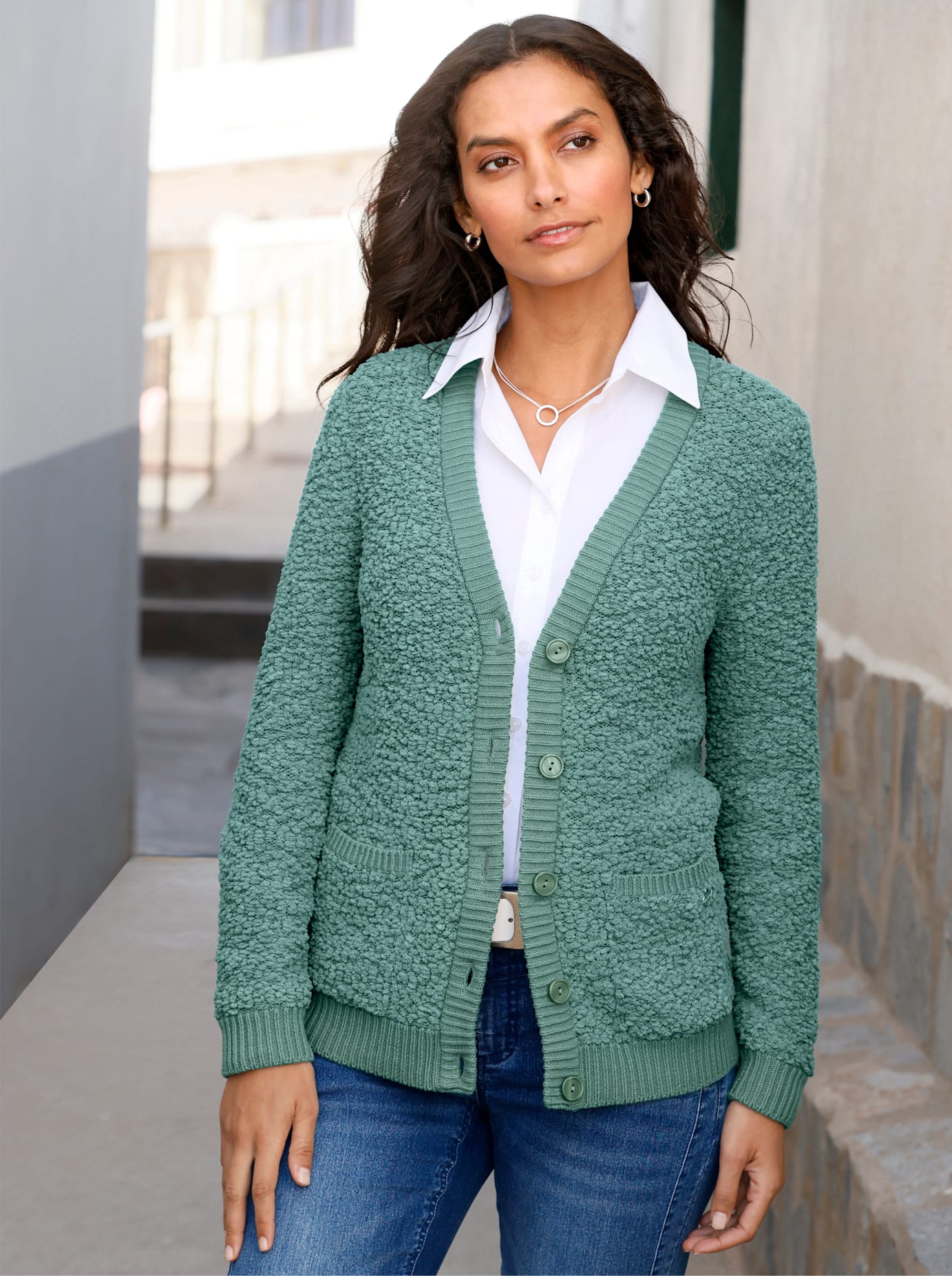 Strickjacke CASUAL LOOKS, Damen, Gr. 42, grün (jade), 58% Polyester, 42% Baumwolle, unifarben, Strickjacken Strickjacke