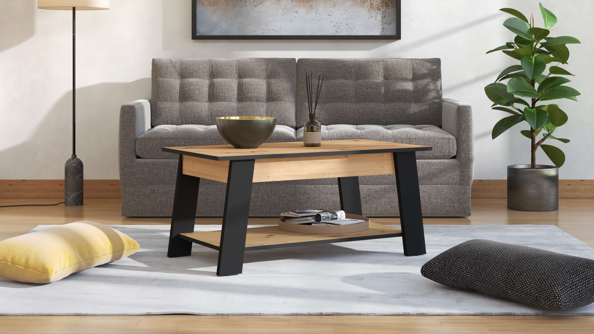 Couchtisch HOME AFFAIRE "Piave Kaffeetisch, 101 cm, in trendigen Farben, modern", schwarz (schwarz matt foil, artisan eiche), B:101cm H:46,5cm T:54,5cm, Tische, Couchtisch, mit Ablage, rechteckig, Artisan Eiche, ideal für kleine Räume