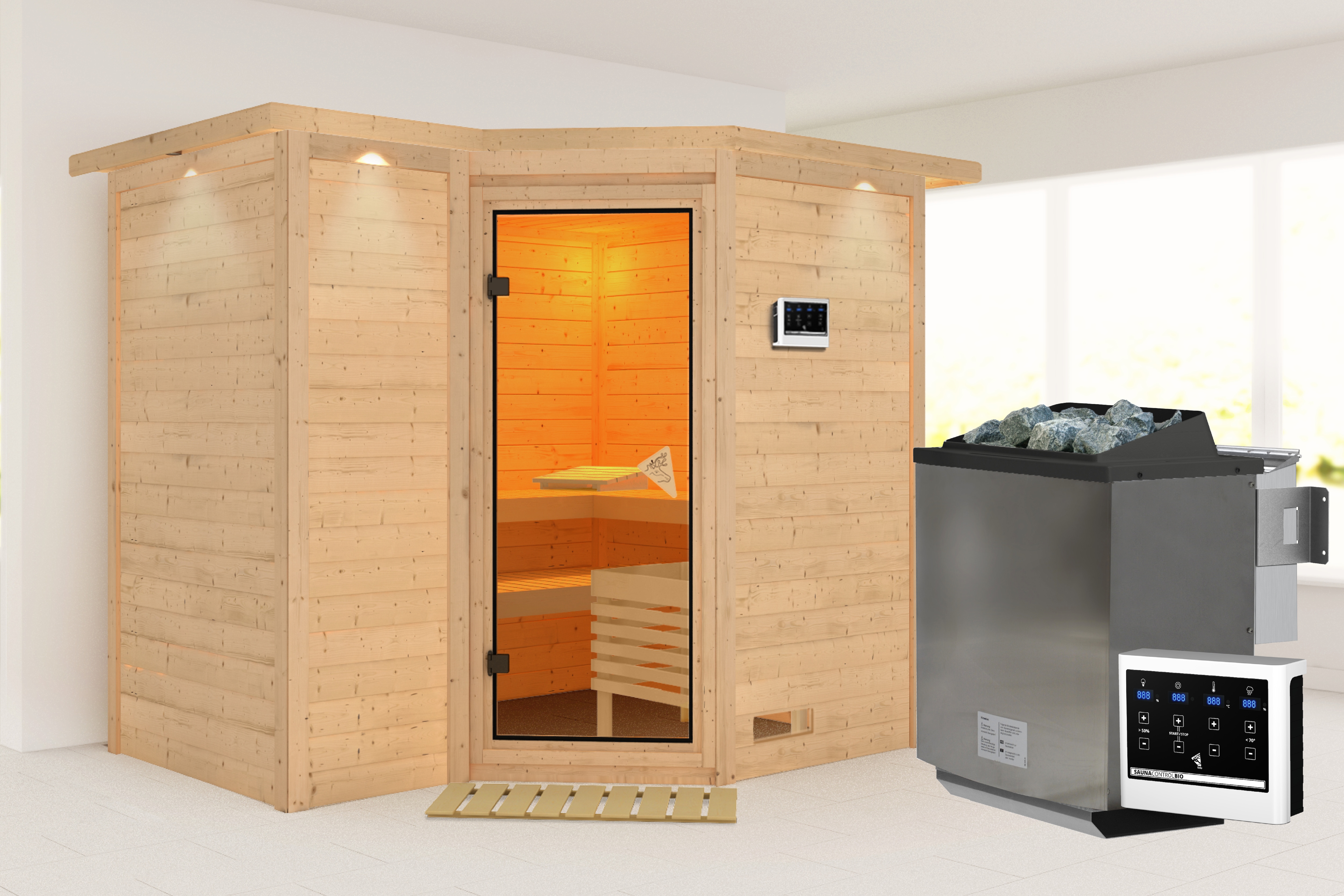 Sauna KARIBU "Sanna 2", beige (naturbelassen), Bio-Kombiofen, externe Steuerung, 9 kW, Saunen, 9-kW-Bio-Ofen mit externer Steuerung Image