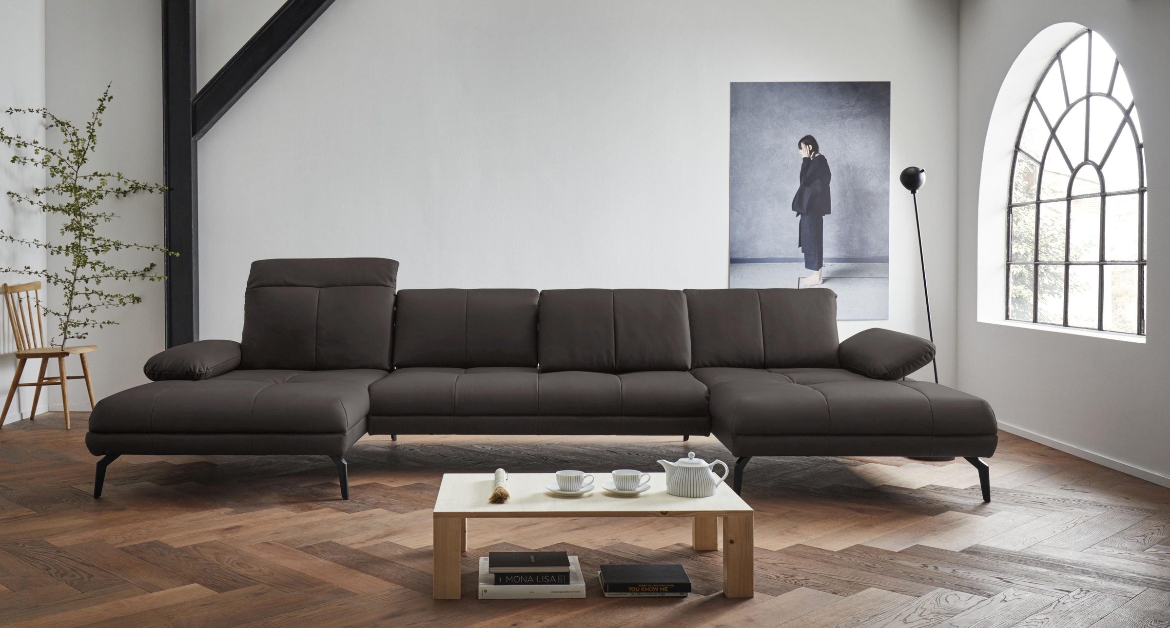 Wohnlandschaft HOME AFFAIRE "Stenlille Multifunktions-Sofa, U-Form", braun, B:374cm H:83cm T:162cm, Struktur weich (100% Polyester);Struktur grob (100% Polyester);100% NaturLEDER, Sofas, Wohnlandschaft, incl. Sitztiefen-, Kopfteil- und...