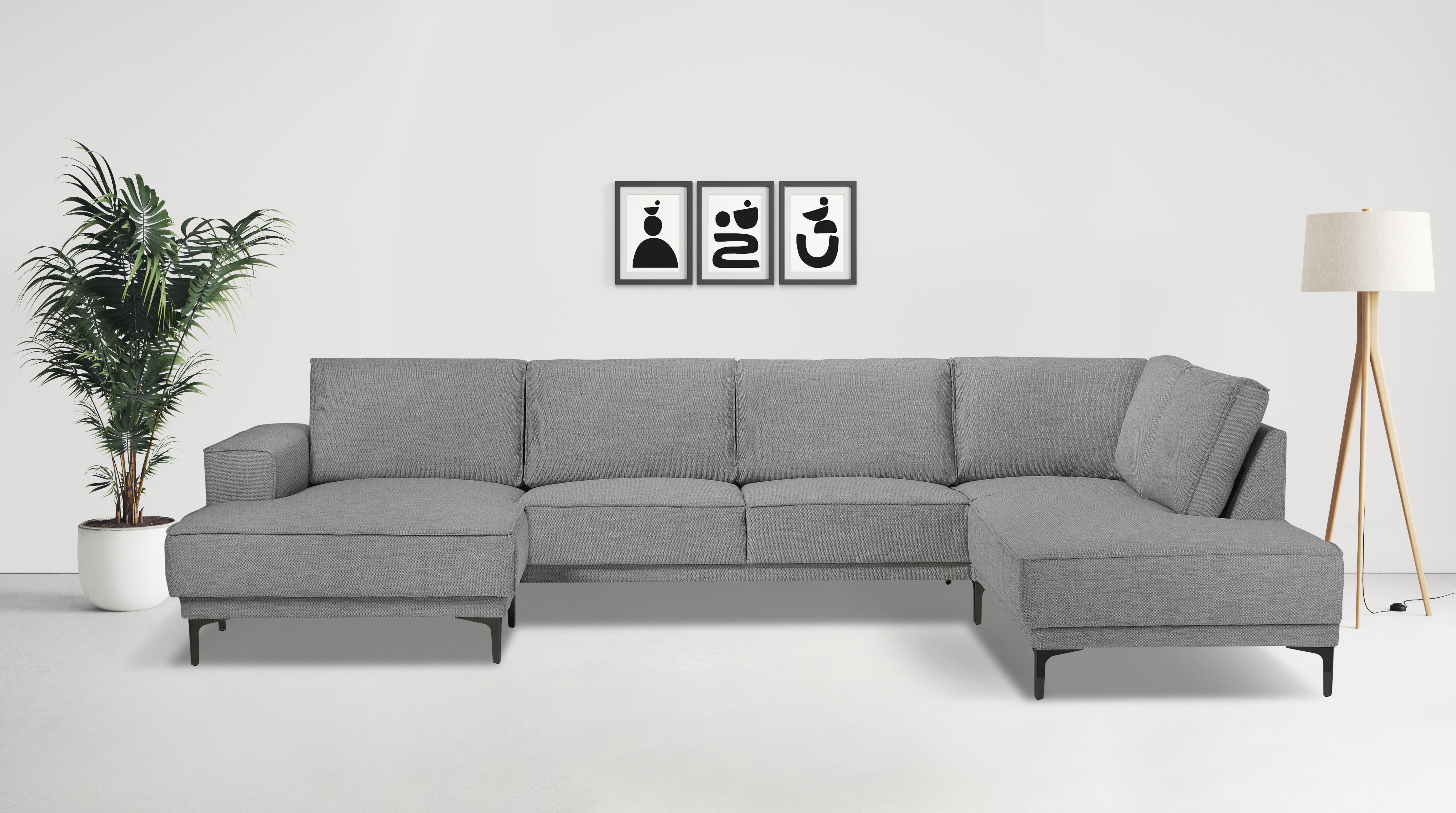 Wohnlandschaft OTTO HOME "XXL Sofa Oland, Struktur, Flachgewebe, Luxus-Microfaser, Boucle", grau, B:345cm H:85cm T:210cm, 100% Polyester, Sofas, Wohnlandschaft, U-Form, 345 cm, Wellenunterfederung, Skandi-Design, Metallfüße