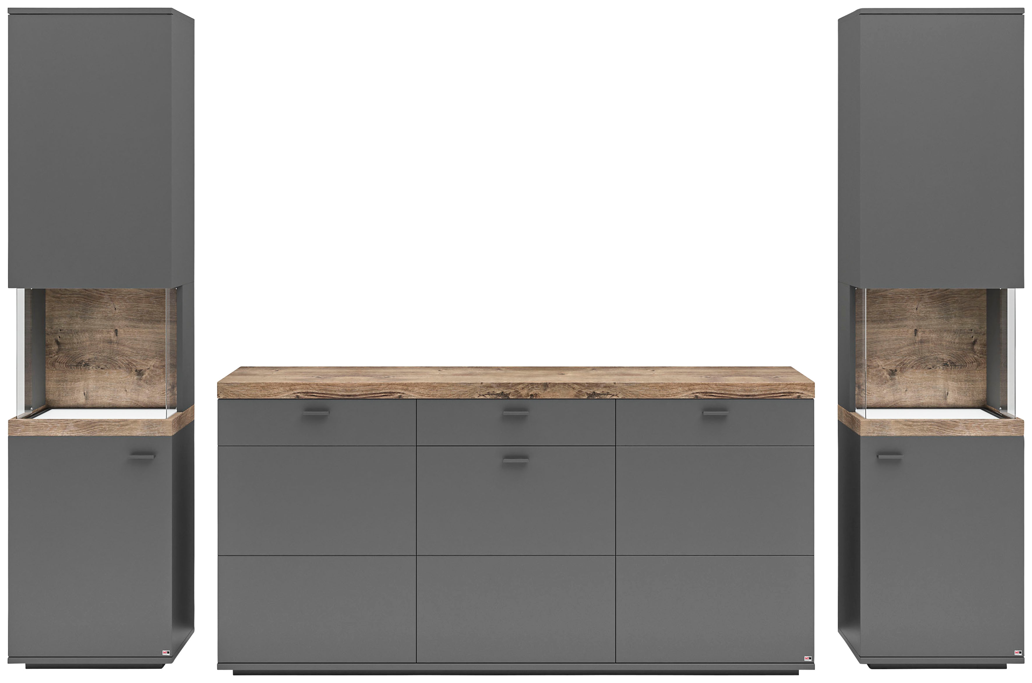Wohnwand "Lancaster", grau (grau mit eiche ribbeck cognac), B:300cm H:206,2cm T:43,6cm, SET ONE BY MUSTERRING, Kastenmöbel-Sets, 3-teilig mit Fronten in weiß oder grau, Breite ca.300cm