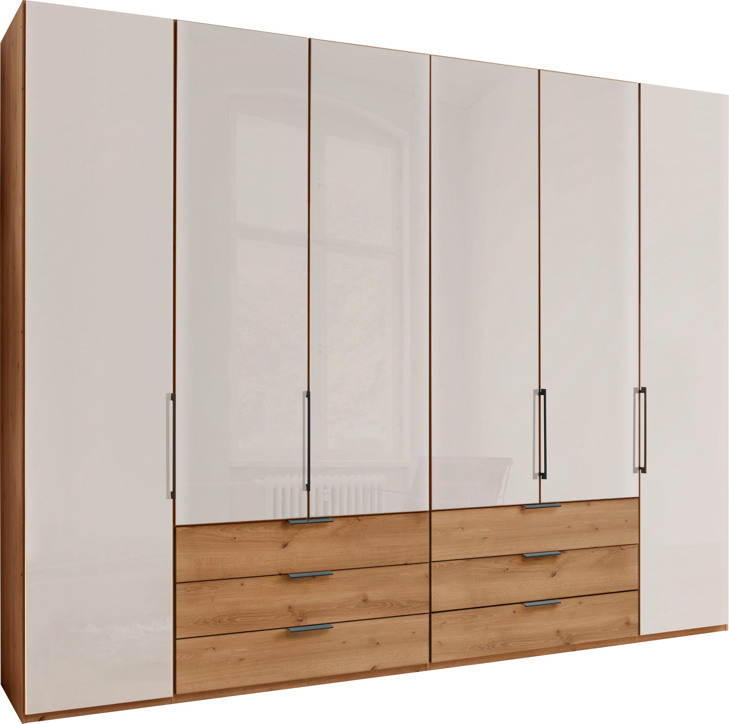 Falttürenschrank WIEMANN "Monaco", braun (bianco, eiche, nachbildung, glas champagner), B:295,3cm H:216cm T:58cm, Floatglas, Holzwerkstoff, Schränke, Kleiderschrank Drehtürenschrank, Teil-Glasfront sowie hochwertige Beschläge inkl. Schubladendämpfung