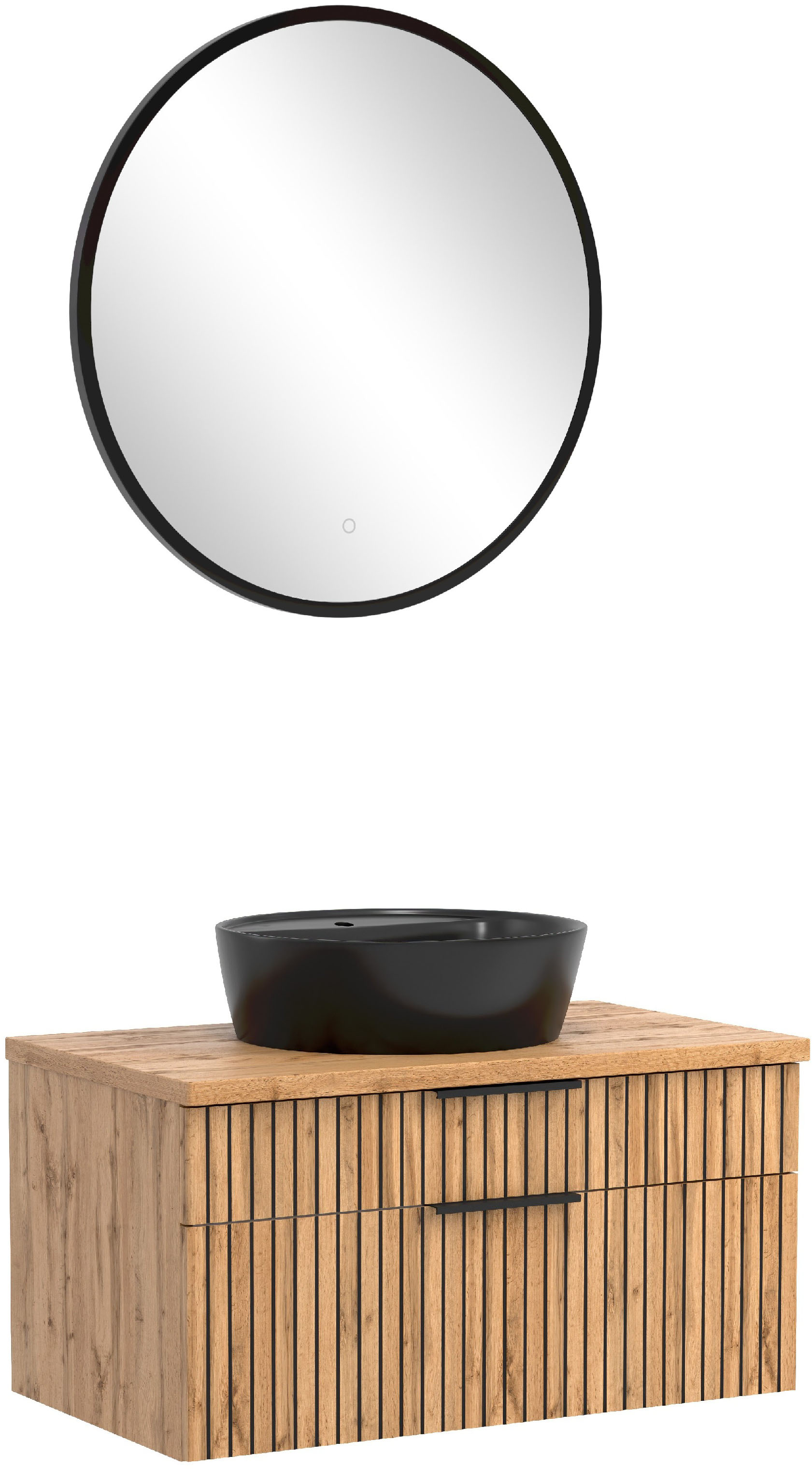 Badmöbel-Set WELLTIME "Welltime, Carlton Waschtisch-Set, 80 oder 120 cm, gestreift", schwarz (wotnaeiche, schwarz), Set 4: 2tlg. Waschtisch-Set 80cm: Spiegel 60cm und Waschtischmit schwarzem Aufsatzbecken, Spanplatte, Kastenmöbel-Sets, Badmöbel-Set