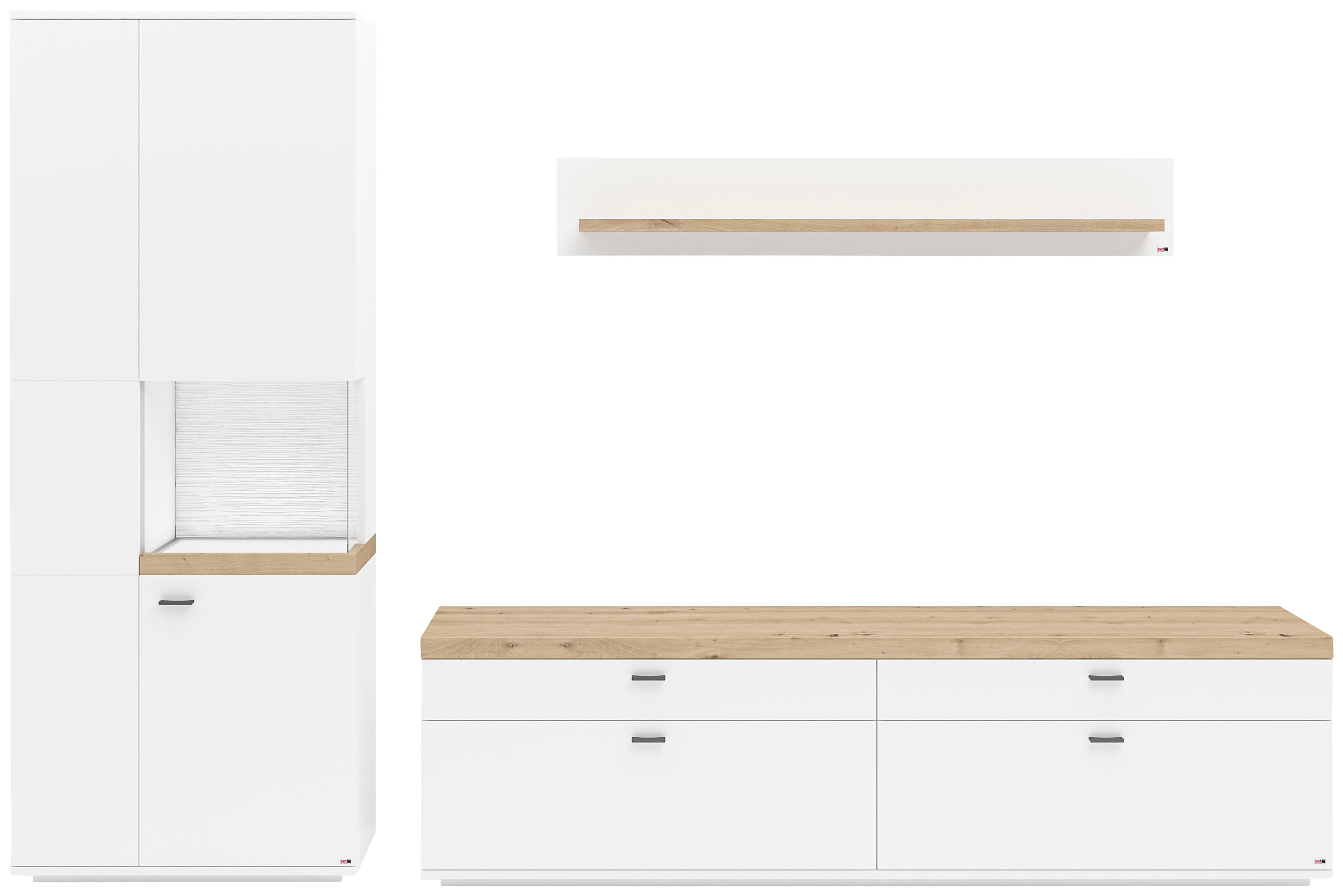 Wohnwand "Lancaster", weiß (weiß mit eiche artisan), B:300cm H:206,2cm T:43,6cm, SET ONE BY MUSTERRING, Kastenmöbel-Sets, 3-teilig mit Fronten in weiß oder grau, Breite ca. 300cm