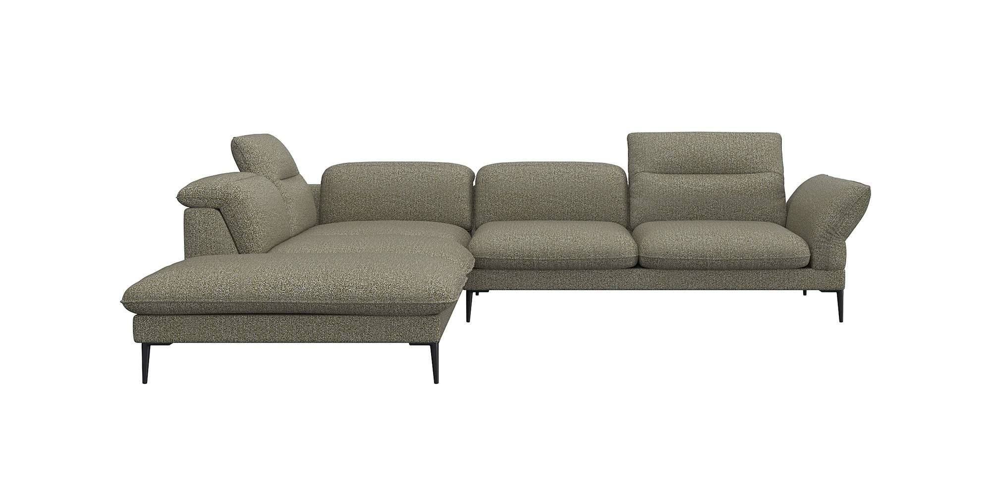 Ecksofa FLEXLUX "Salino, Funktionssofa mit Ottomane, Relaxsofa, Ecksofa", grün (fall grün), B:287cm H:88cm T:239cm, 62% Polyester, 17% Cotton, 14% Viscose, 7% Linen, Sofas, Sofa mit Arm- und Kopfteil-Verstellungen, Kaltschaum & Stahl-Wellen
