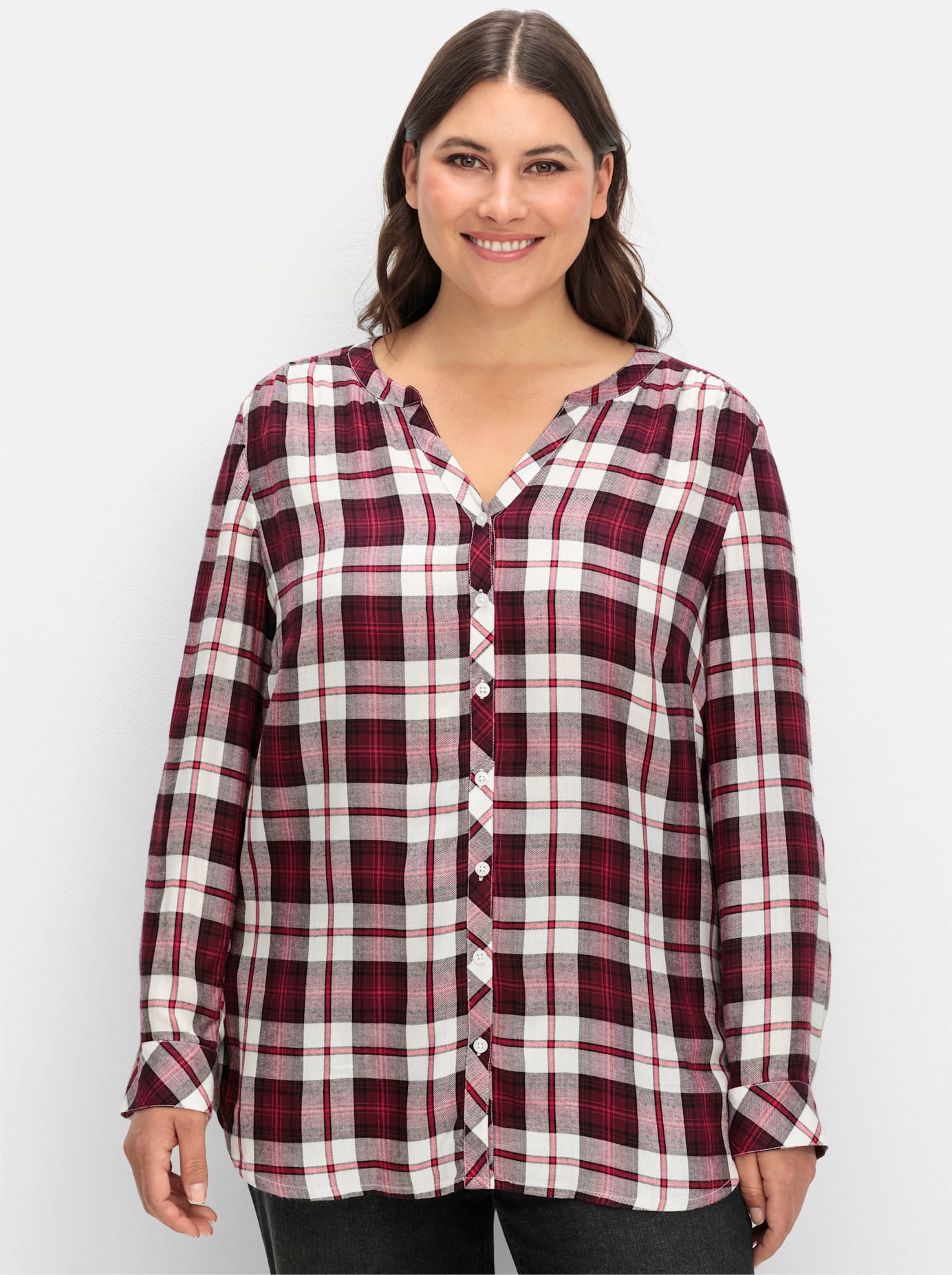 Karobluse SHEEGO, Damen, Gr. 44, rot (weinrot, kariert), 100% Viskose, gemustert, kariert, V-Ausschnitt, Blusen Image