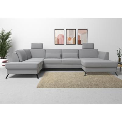 Wohnlandschaft SIT & MORE "Olsen U-Form", grau (hellgrau), B:335cm H:88cm T:201cm, 100% Polyester, Sofas, inklusive Sitztiefenverstellung, wahlweise mit Bettfunktion, 15cm hoch Image