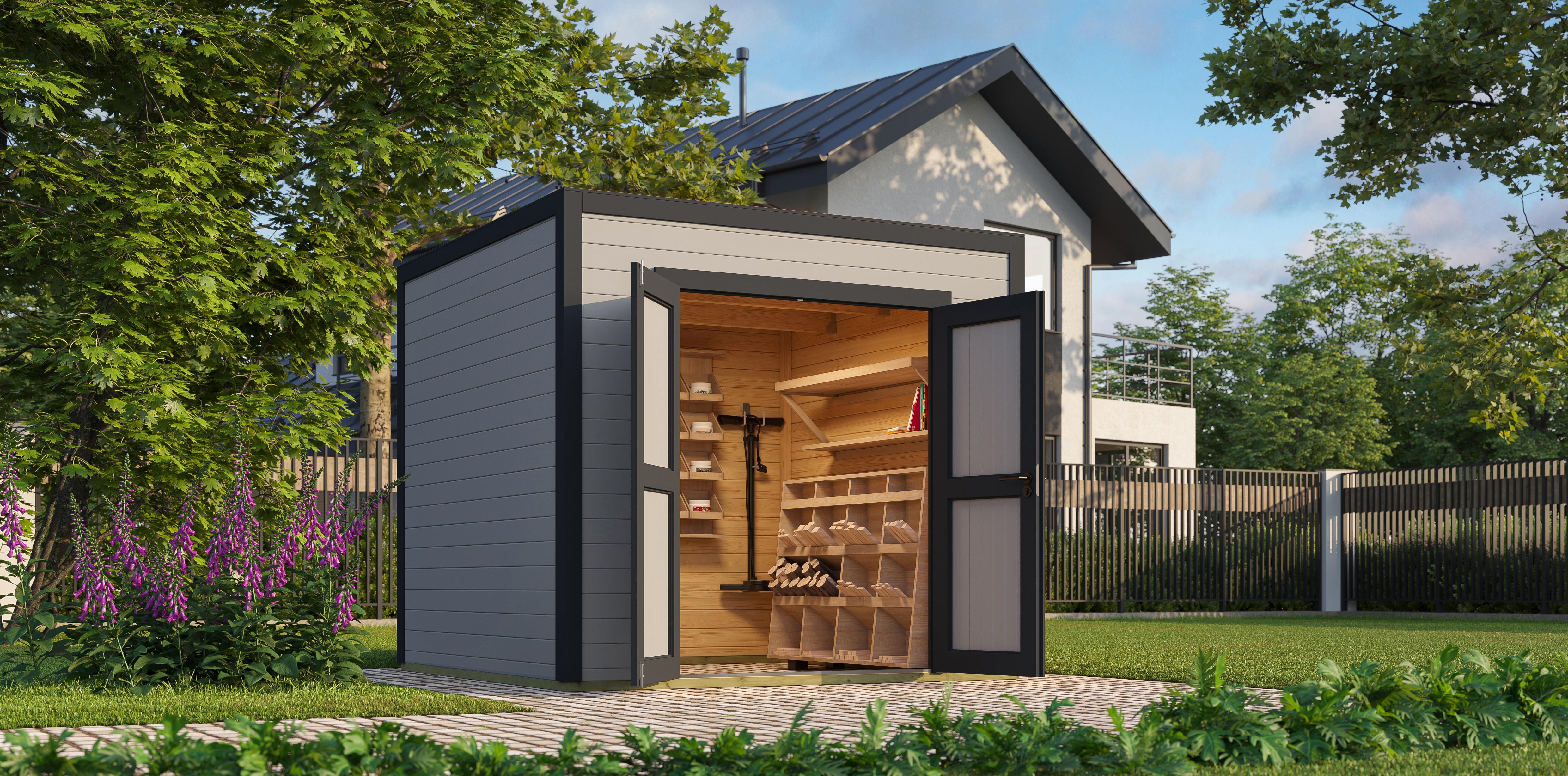 Gartenhaus NORDIC HOLZ "Fynn 1,5", grau (lichtgrau), ohne Fußboden, Massivholzdach, Holz, Gartenhäuser, Gartenhaus, kleiner stilvoller Schuppen mit Flachdach