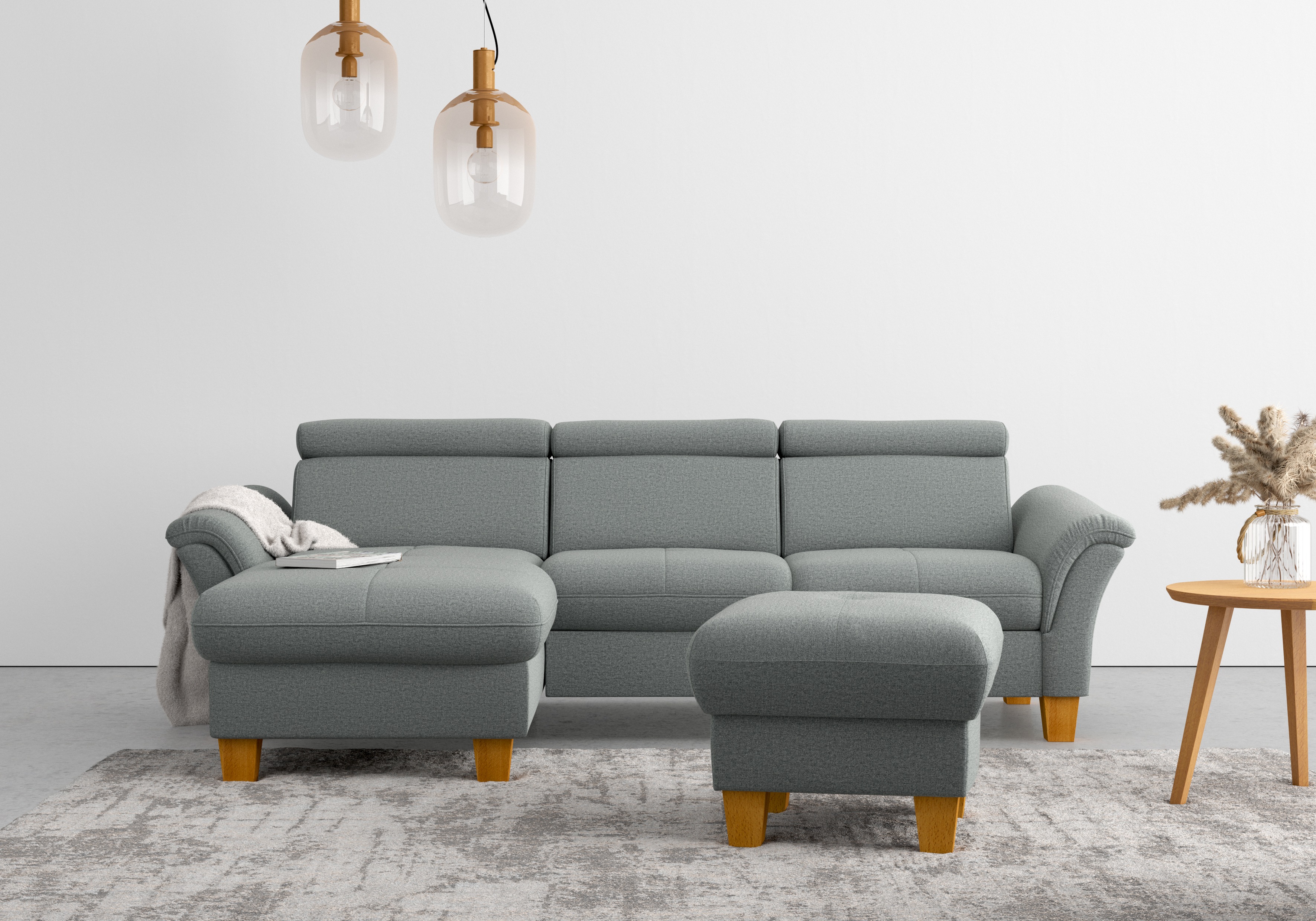 Ecksofa HOME AFFAIRE "Lindgren L-Form", grau, B:258cm H:84cm T:169cm, 100% Polyester, Sofas, Ecksofa, wahlweise mit Bett mit klappbaren Rollen, Kasten und Kopfverstellung