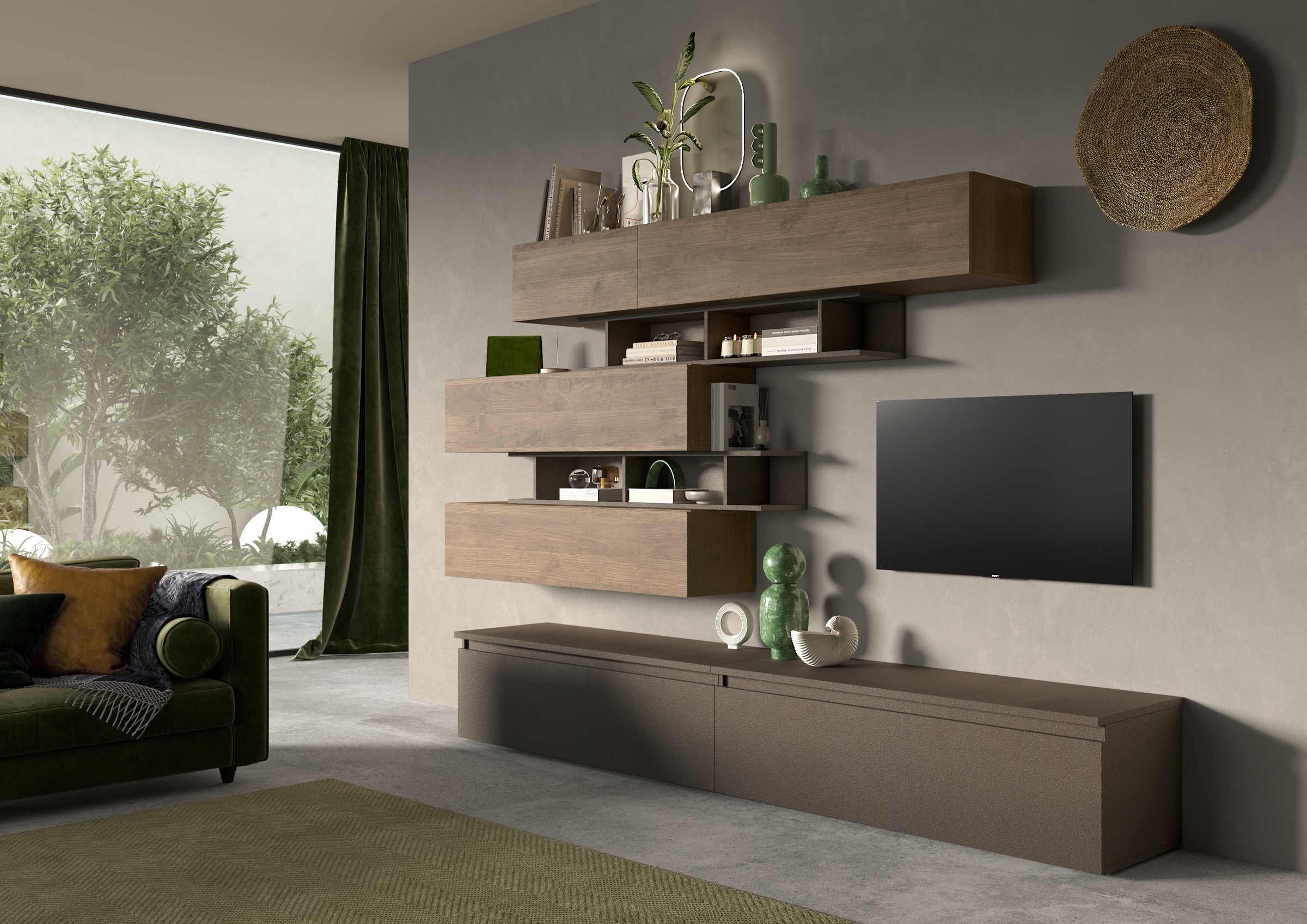 Wohnwand INOSIGN "Infinity, 8tlg. Breite 276 cm, Höhe variabel, Schrankwand, Anbauwand", braun (bronzo, mercure nb holzstruktur), B:276cm H:190cm T:40cm, Holzwerkstoff, Kastenmöbel-Sets, Wohnwand, (2x Lowboard, 4x Hängeschrank, 2x Wandregal)