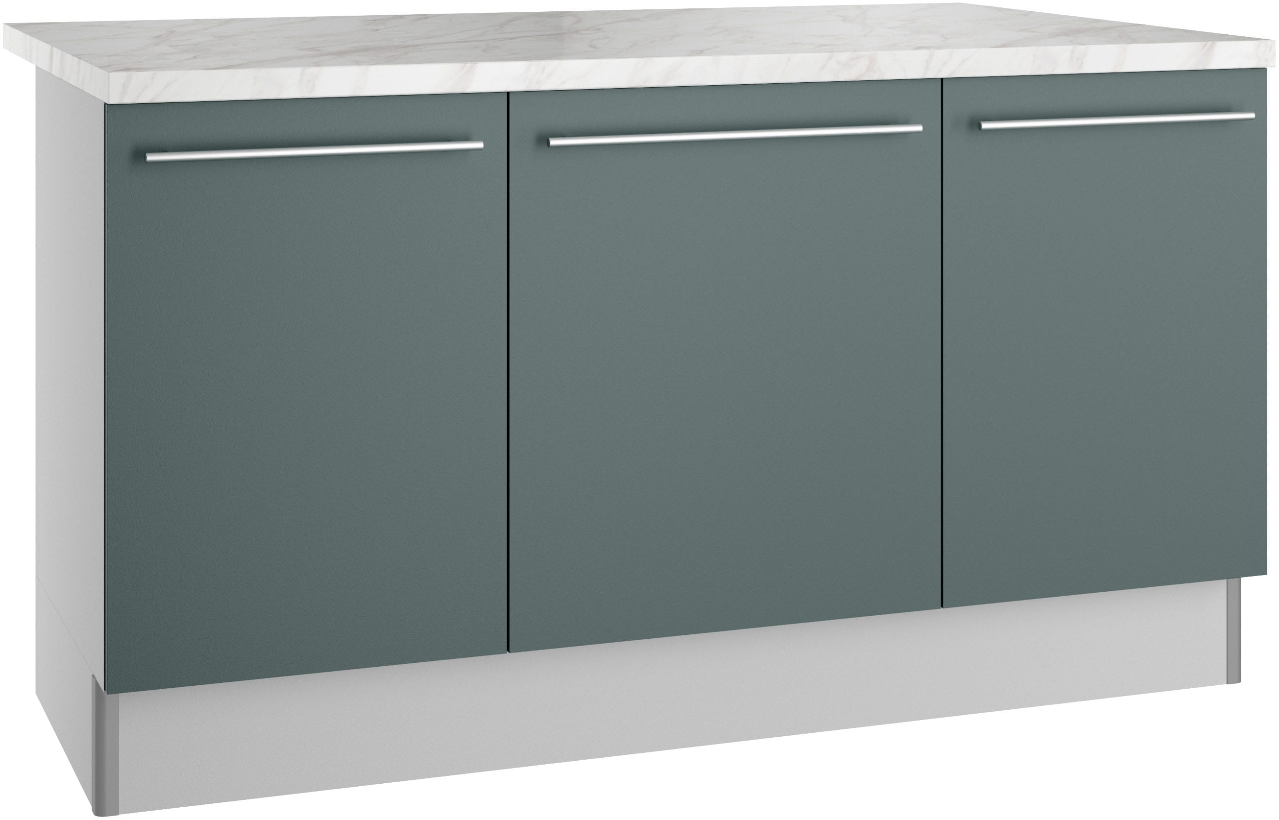 Kücheninsel KOCHSTATION "KS-Bern2", grün (küche: grün, front: steingrün, korpus: hellgrau, arbeitsplatte: marmor weiß), H:90,8cm T:96,5cm, Komplettküchen-Sets, Stellmaße 161 x 96,5 cm, mit durchgehender Arbeitsplatte als Theke Image